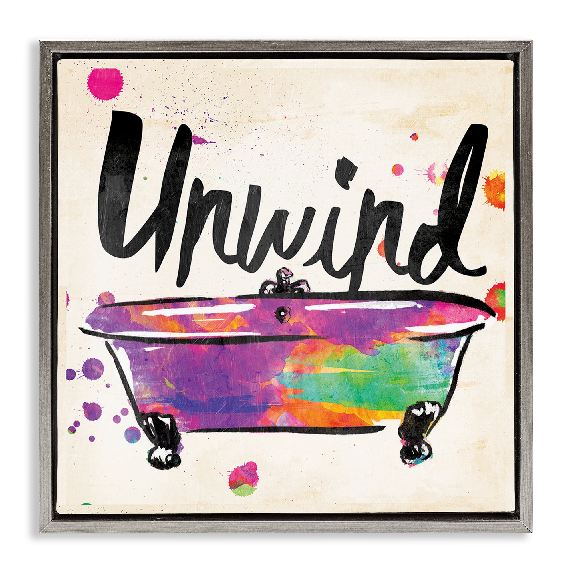 Stupell Industries Unwind Rainbow Colors Icon Bath Typography Painting Gray Floater Framed Canvas Art Print Wall Art, 25 x 25