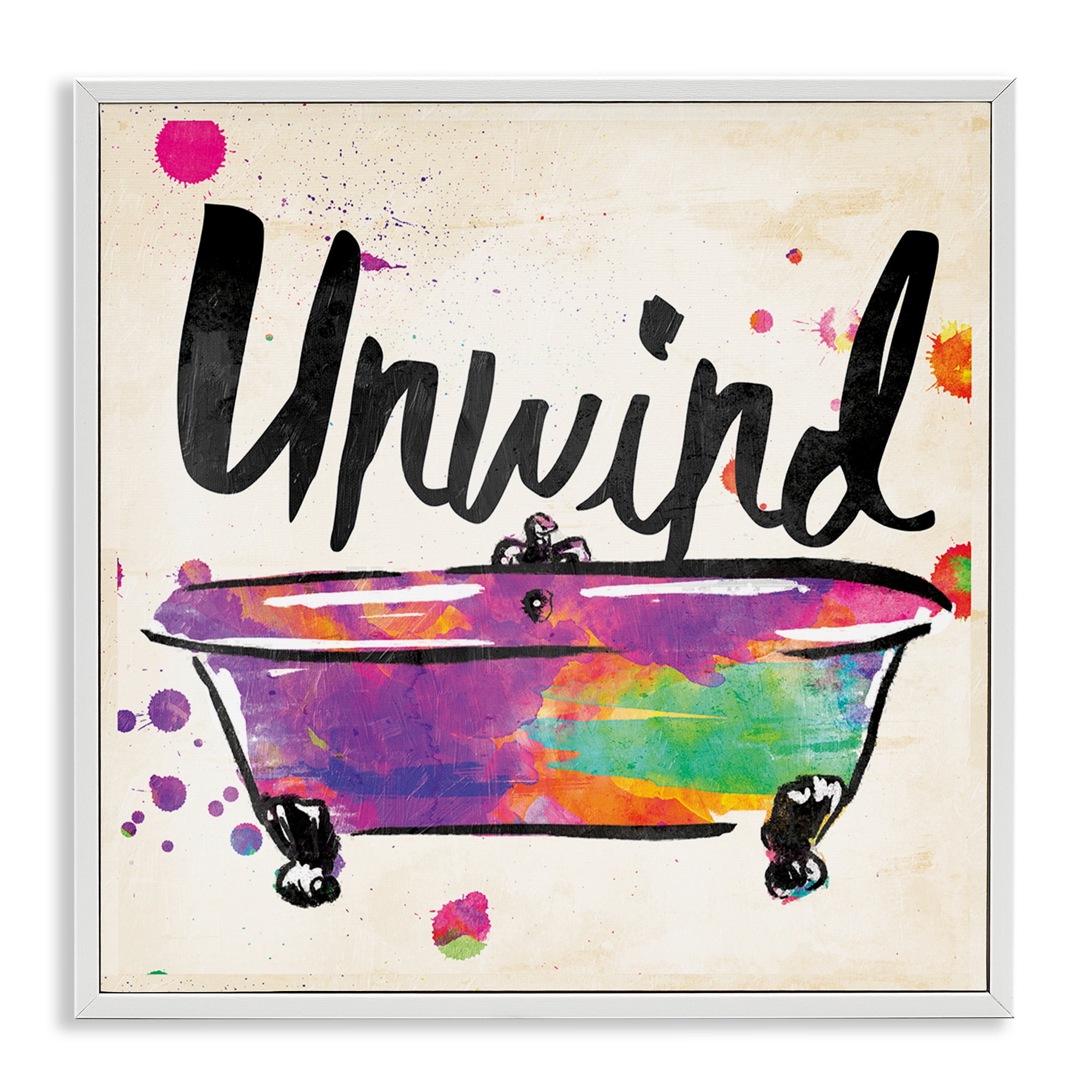 Stupell Industries Unwind Rainbow Colors Icon Bath Typography Painting White Framed Art Print Wall Art, 24 x 24