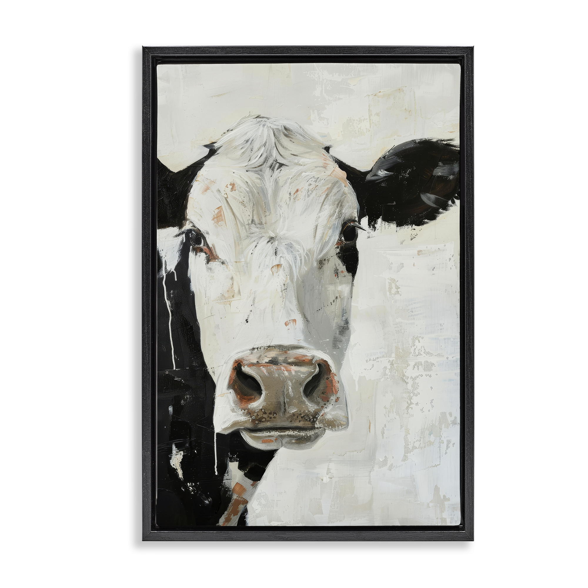 Stupell Industries Up Close Cow Animals & Insects Painting Black Floater Framed Canvas Art Print Wall Art, 21 x 31