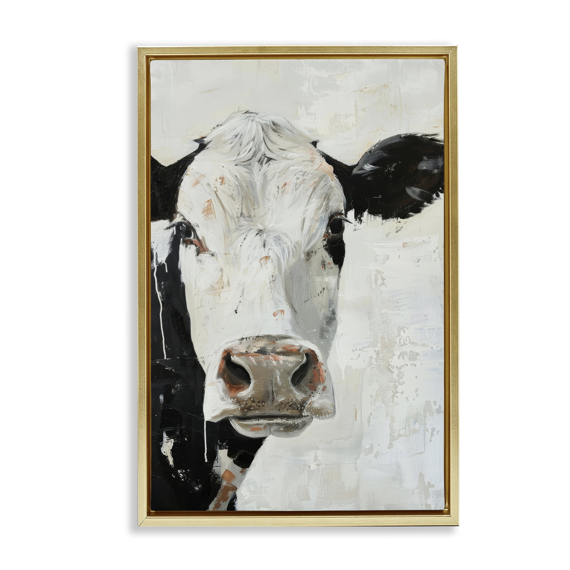Stupell Industries Up Close Cow Animals & Insects Painting Gold Floater Framed Canvas Art Print Wall Art, 17 x 25