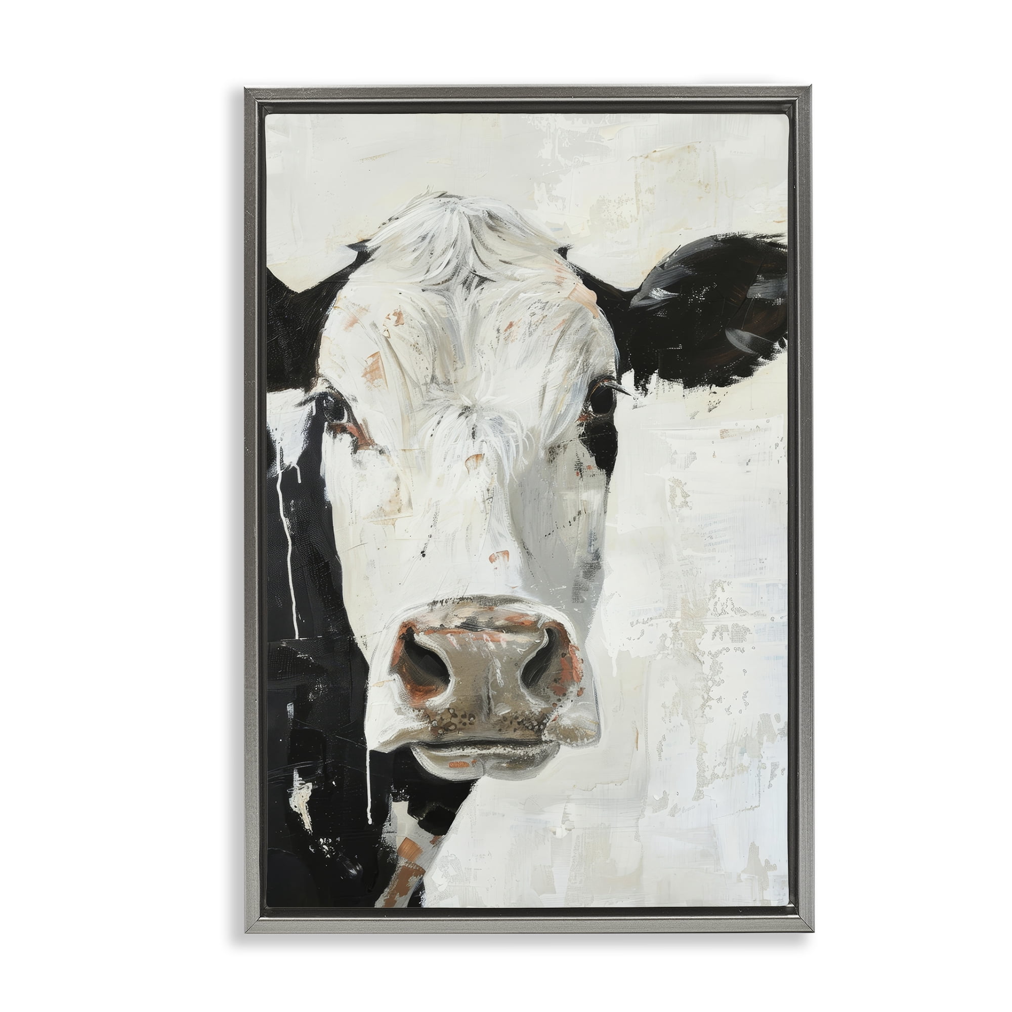 Stupell Industries Up Close Cow Animals & Insects Painting Gray Floater Framed Canvas Art Print Wall Art, 21 x 31