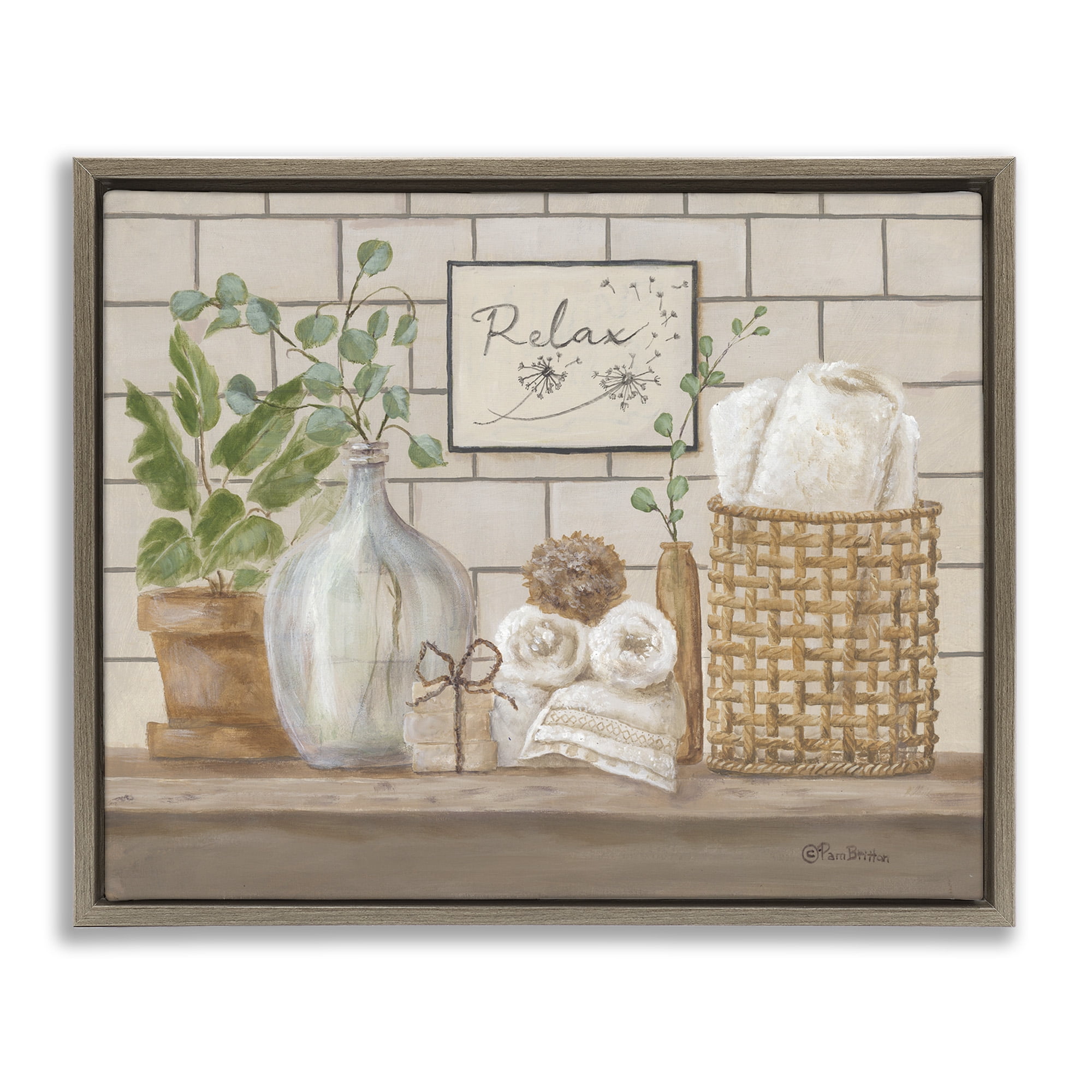 Stupell Industries Uplifting Bathroom Spa Relax Scene Botanical & Floral Painting Brown Floater Framed Canvas Art Print Wall Art, 31 x 25
