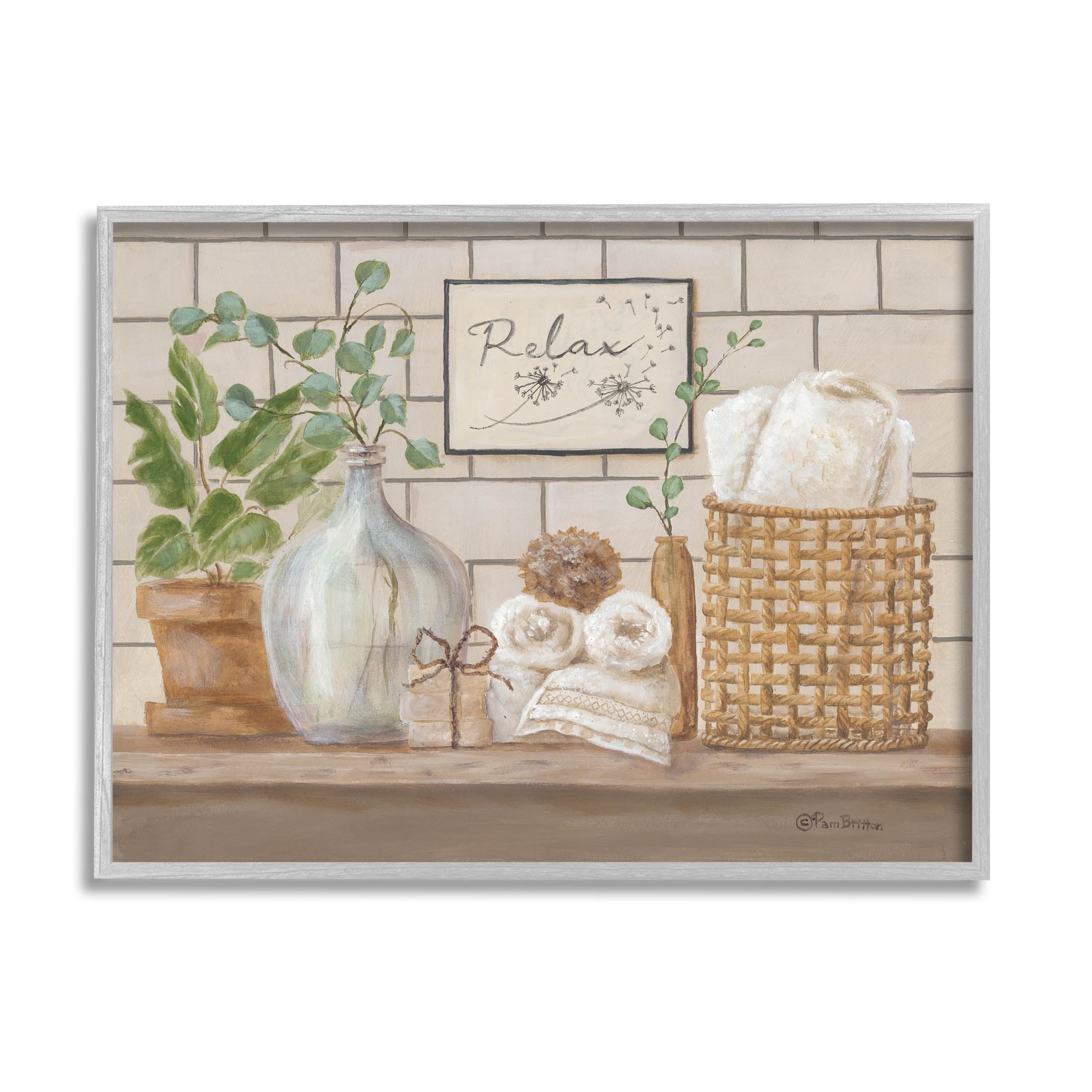 Stupell Industries Uplifting Bathroom Spa Relax Scene Painting Gray Framed Art Print Wall Art, Design by Pam Britton