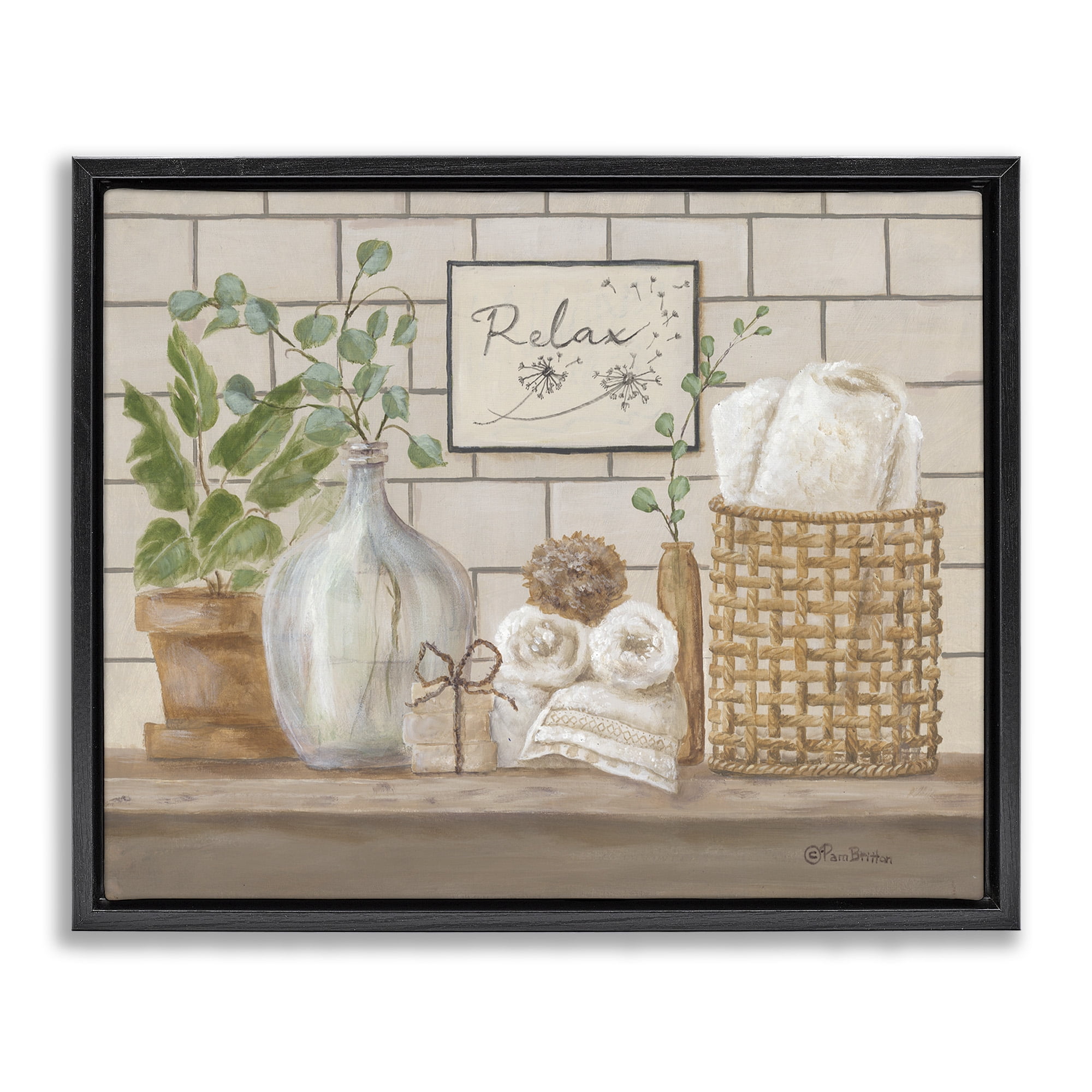 Stupell Industries Uplifting Bathroom Spa Relax Scene Painting Jet Black Floating Framed Canvas Print Wall Art, Design by Pam Britton