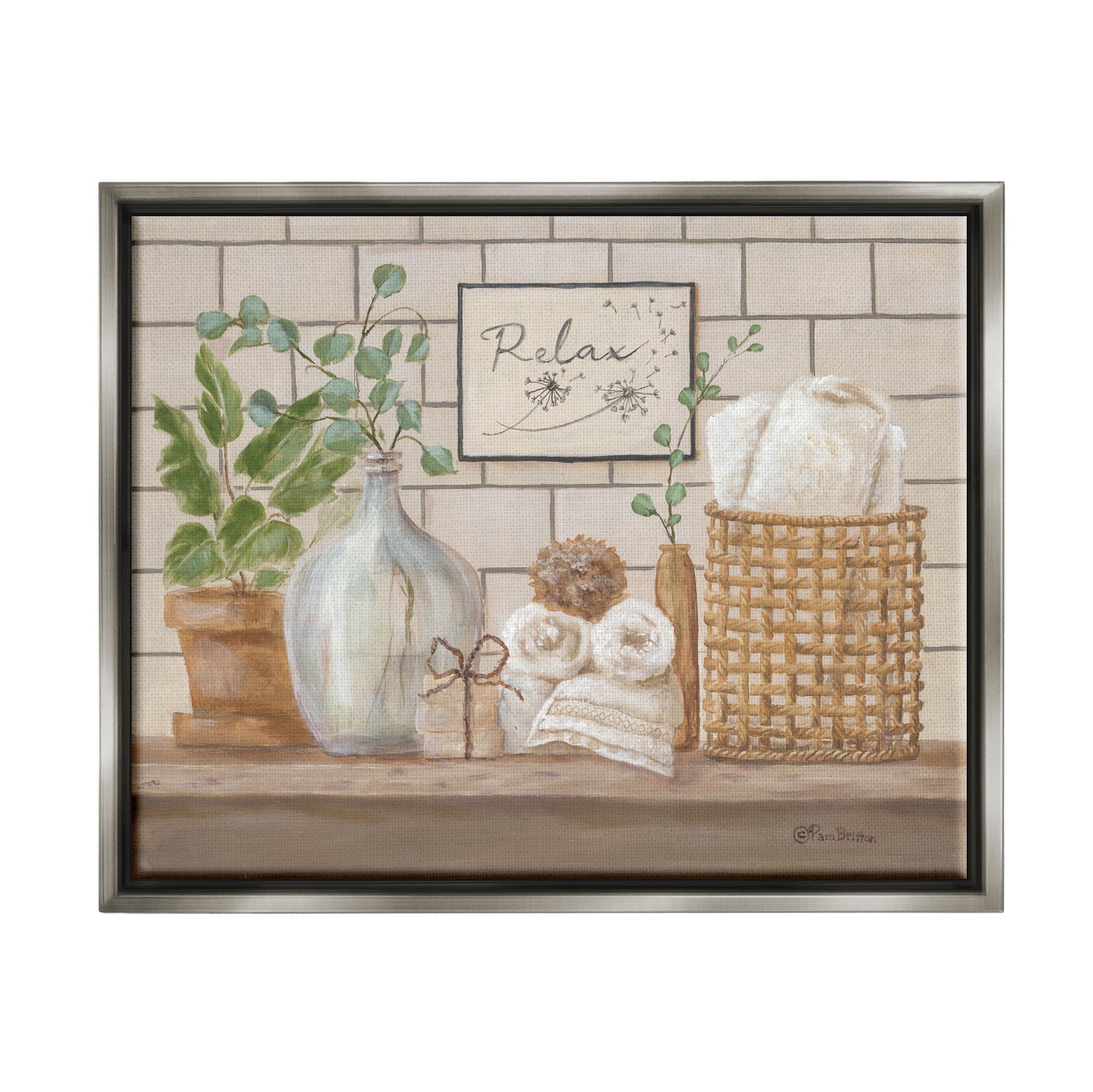 Stupell Industries Uplifting Bathroom Spa Relax Scene Painting Luster Gray Floating Framed