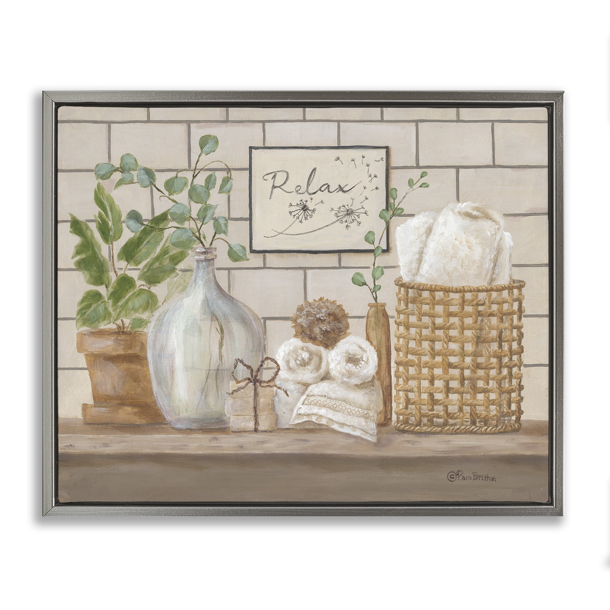 Stupell Industries Uplifting Bathroom Spa Relax Scene Painting Luster Gray Floating Framed Canvas Print Wall Art, Design by Pam Britton