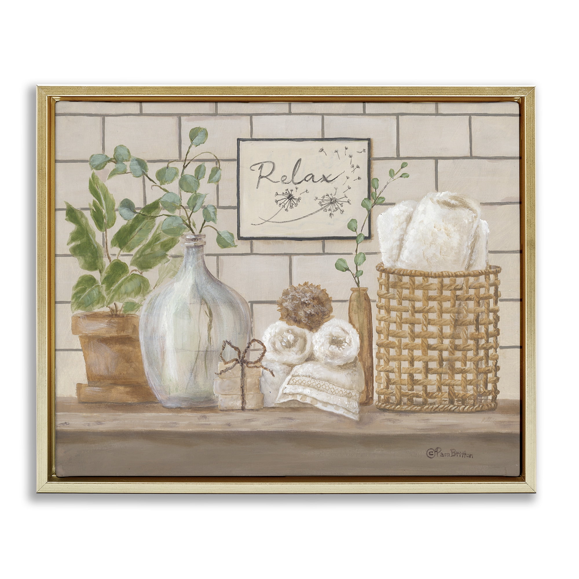 Stupell Industries Uplifting Bathroom Spa Relax Scene Painting Metallic Gold Floating Framed Canvas Print Wall Art, Design by Pam Britton