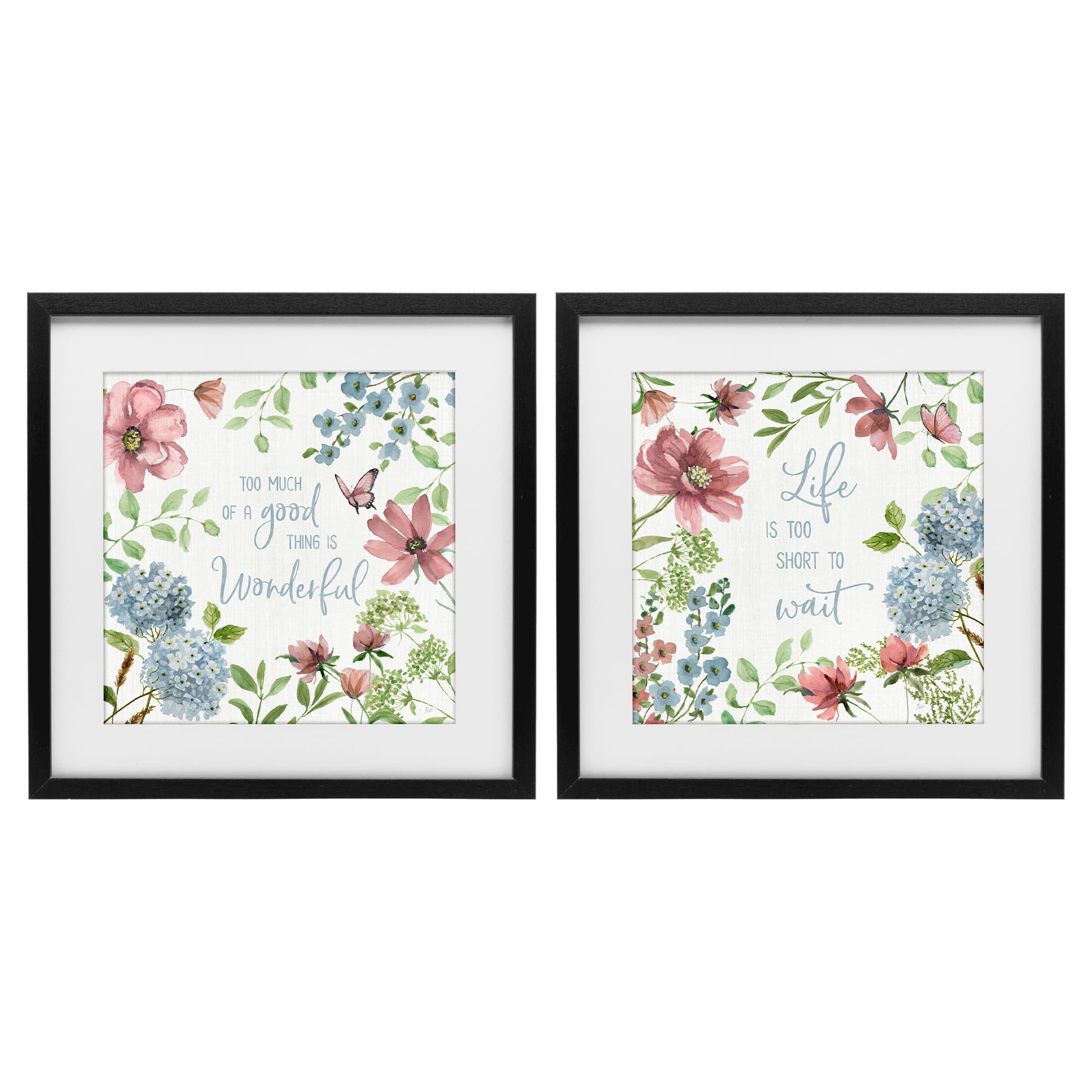 Stupell Industries Uplifting Floral Quotes 2 Piece Black Framed Print Under Glass Set, design by Nan