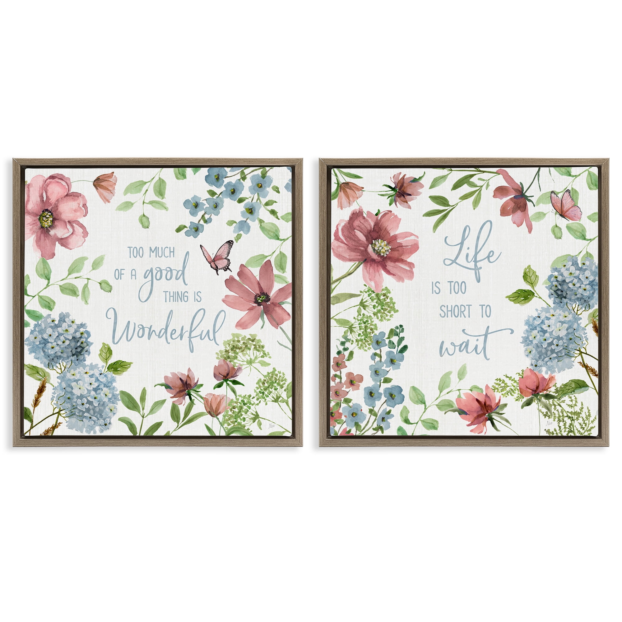 Stupell Industries Uplifting Floral Quotes 2 Piece Brown Framed Floater Canvas Set, design by Nan