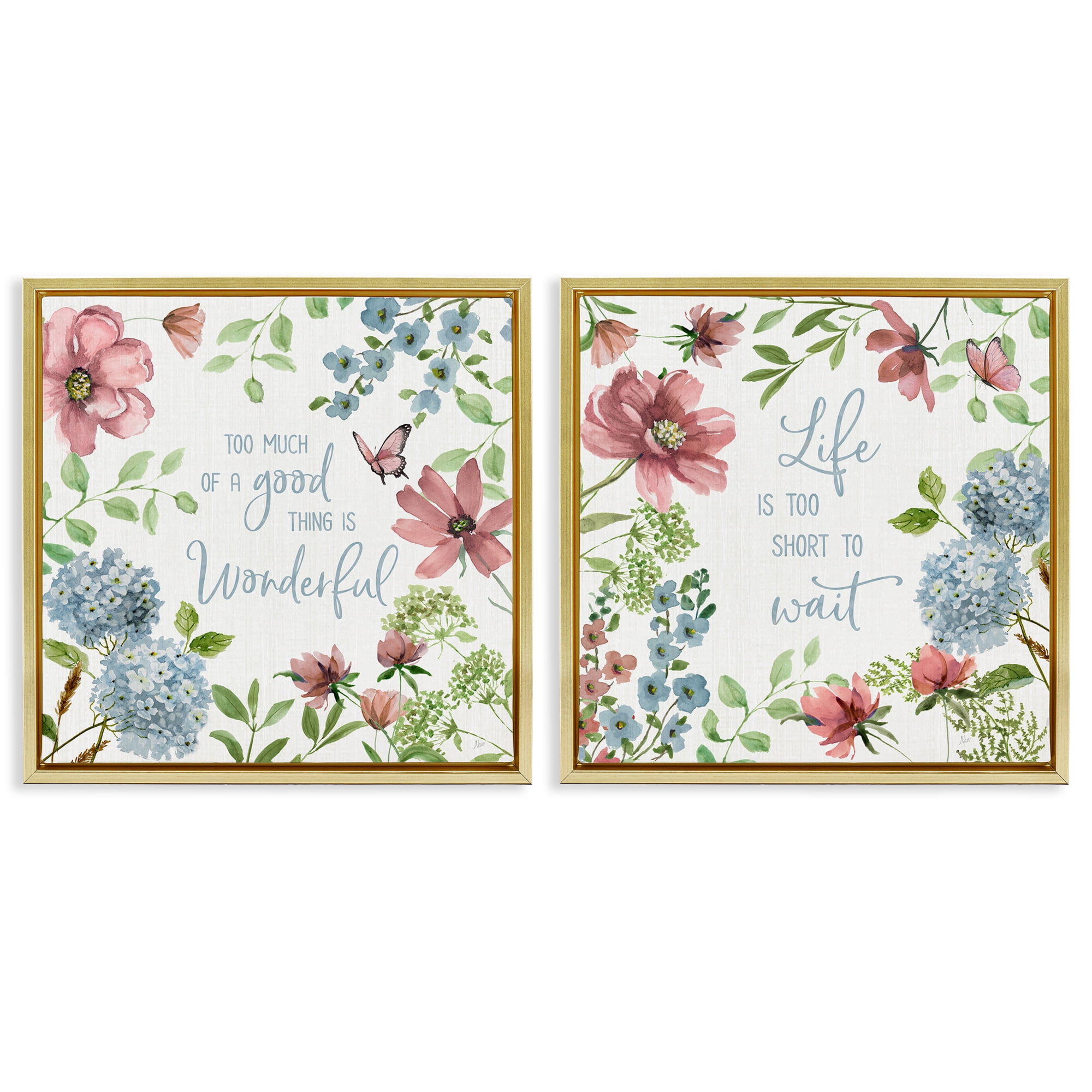 Stupell Industries Uplifting Floral Quotes 2 Piece Gold Framed Floater Canvas Set, design by Nan