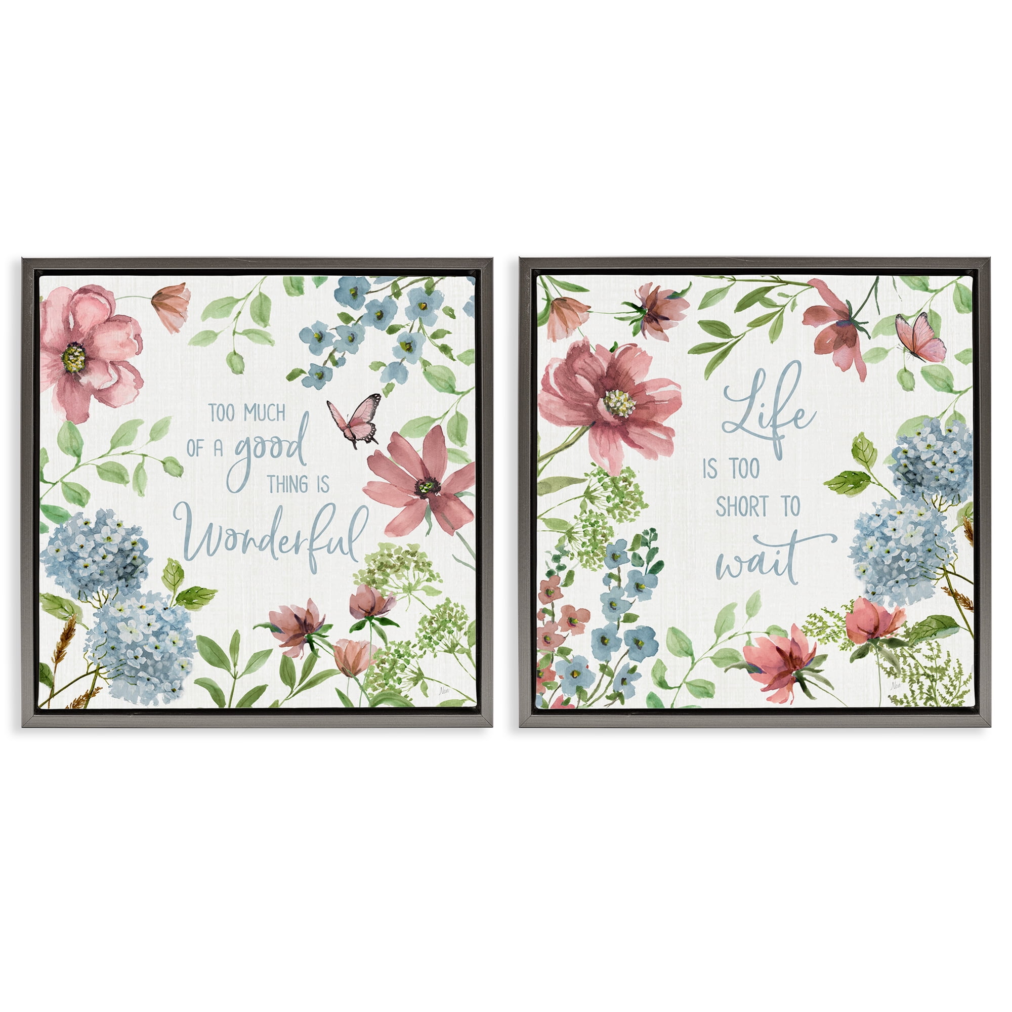 Stupell Industries Uplifting Floral Quotes 2 Piece Gray Framed Floater Canvas Set, design by Nan