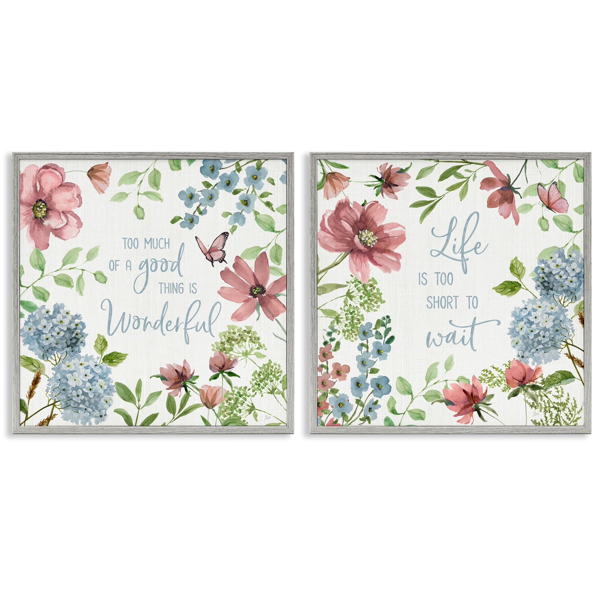 Stupell Industries Uplifting Floral Quotes 2 Piece Gray Framed Giclee Art Set, design by Nan