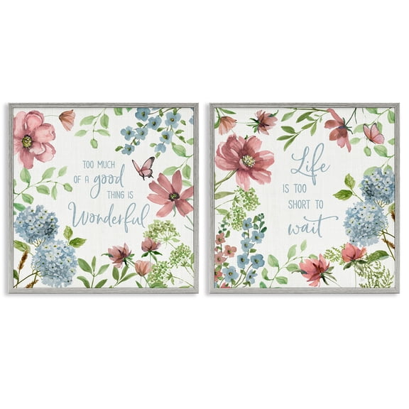 Stupell Industries Uplifting Floral Quotes 2 Piece Gray Framed Giclee Art Set, design by Nan