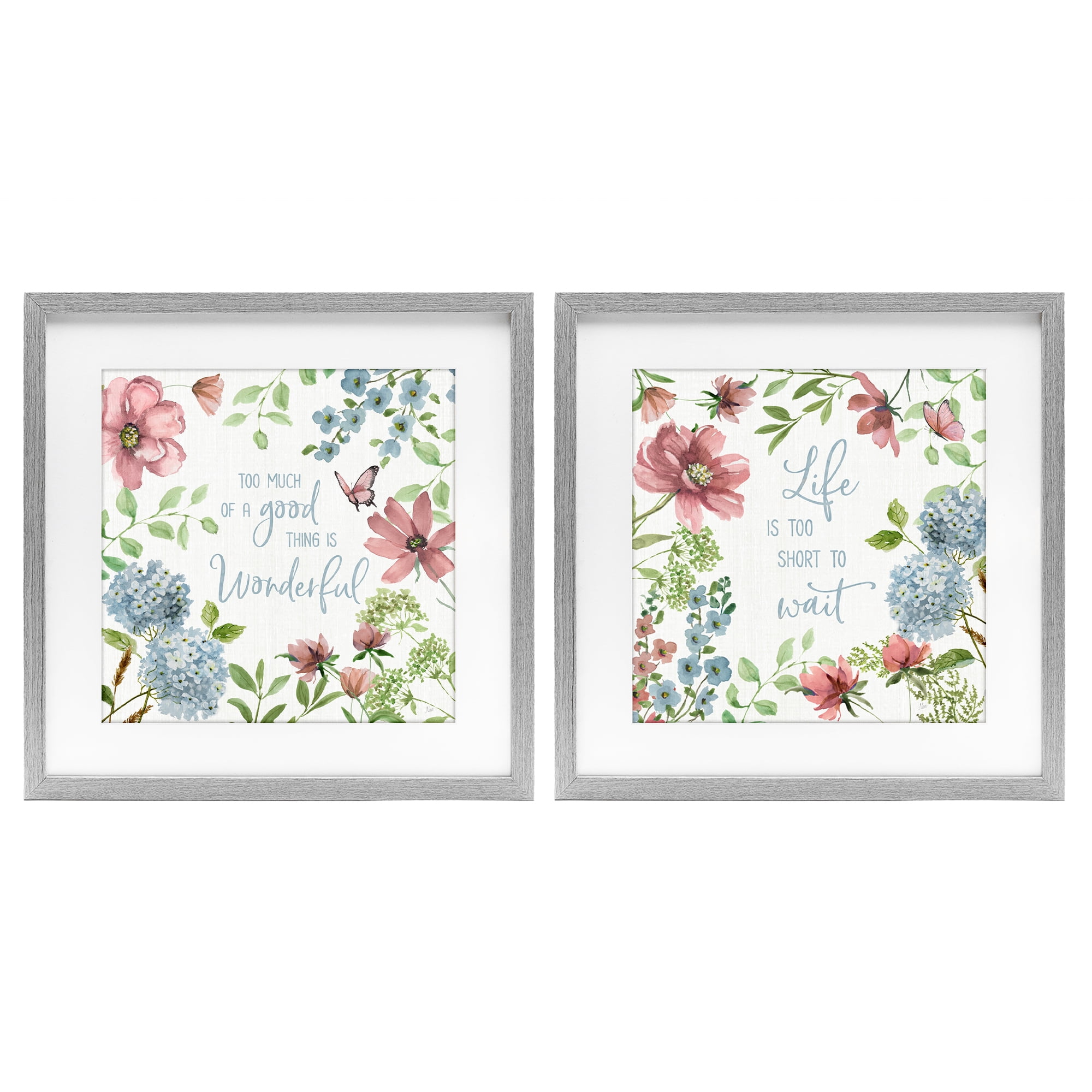 Stupell Industries Uplifting Floral Quotes 2 Piece Gray Framed Print Under Glass Set, design by Nan