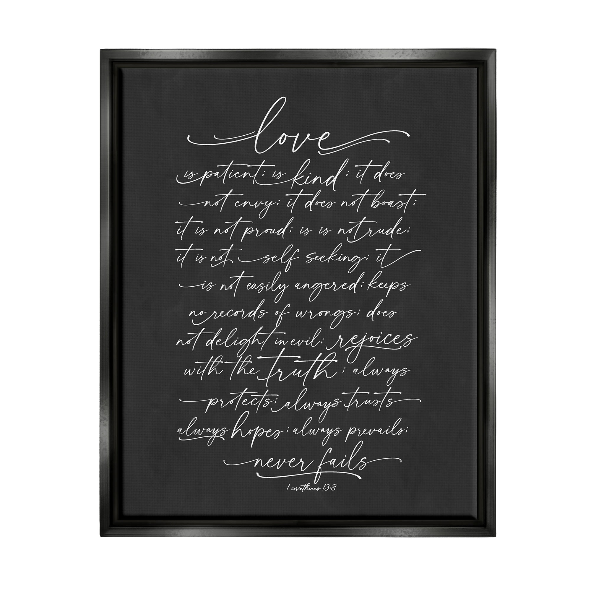 Stupell Industries Uplifting Love Verse Religious Fancy Script Typography Graphic Art Jet Black Floating Framed Canvas Print Wall Art, Design by Lettered and Lined