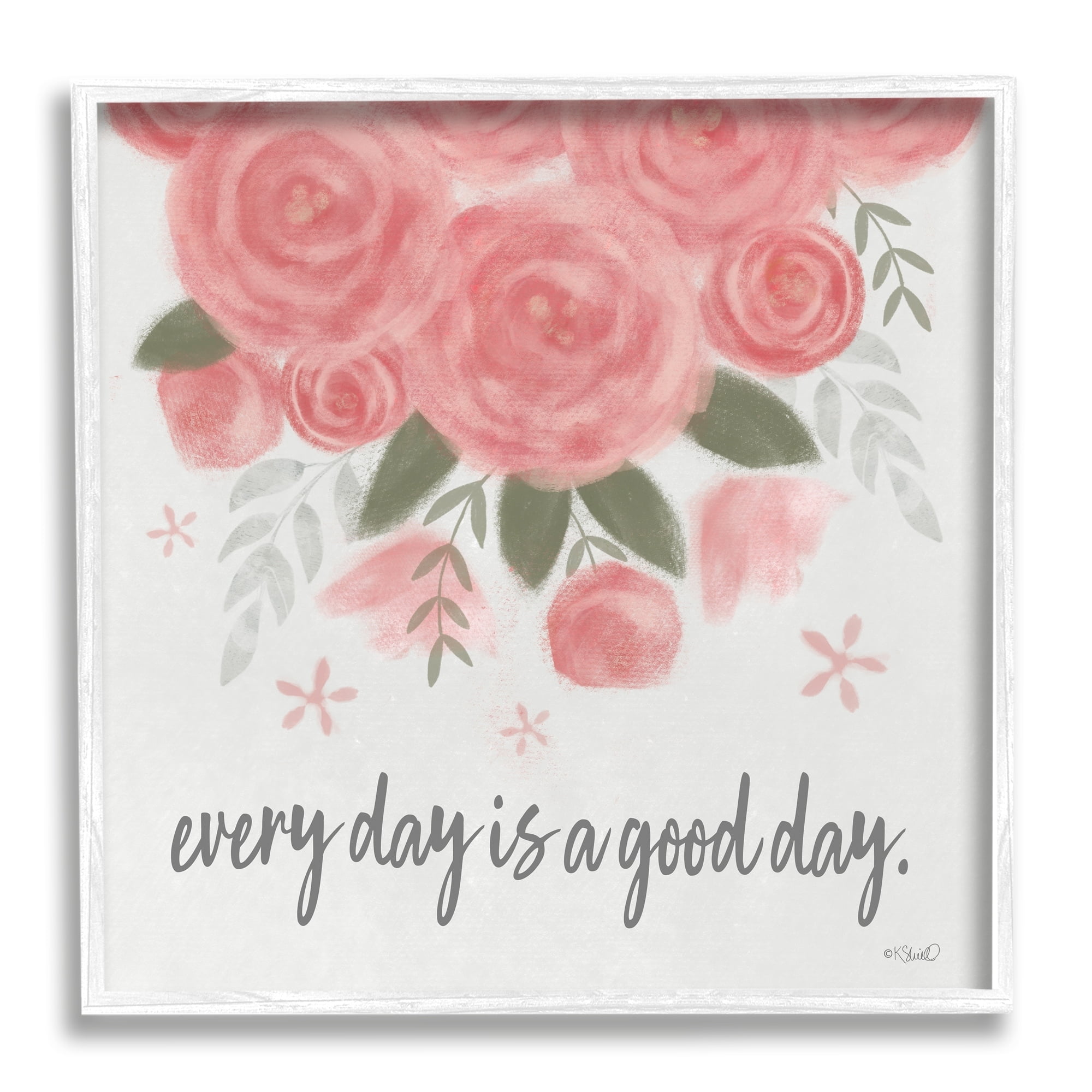 Stupell Industries Uplifting Pink Roses Flower Blossom Pattern Phrase Graphic Art White Framed Art Print Wall Art, Design by Kate Sherrill