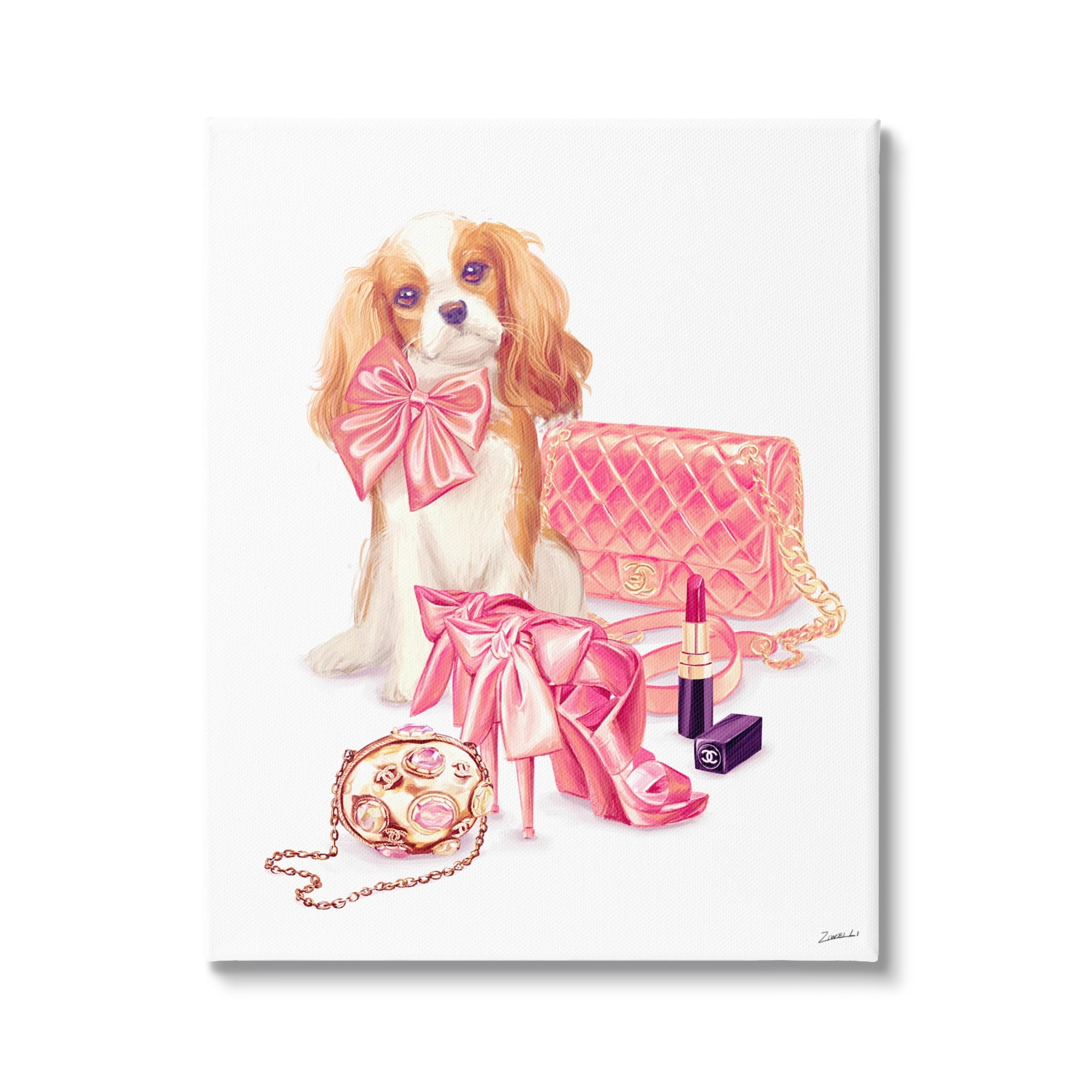 Stupell Industries Upscale Dog Pink Bow Fashion Accessories Makeup Canvas Wall Art, 16 x 20, Design by Ziwei Li