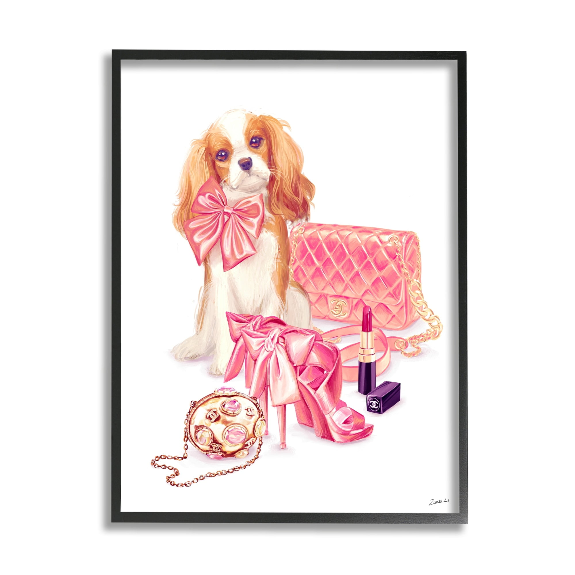 Stupell Industries Upscale Dog Pink Bow Fashion Accessories Makeup Framed Wall Art, 11 x 14, Design by Ziwei Li