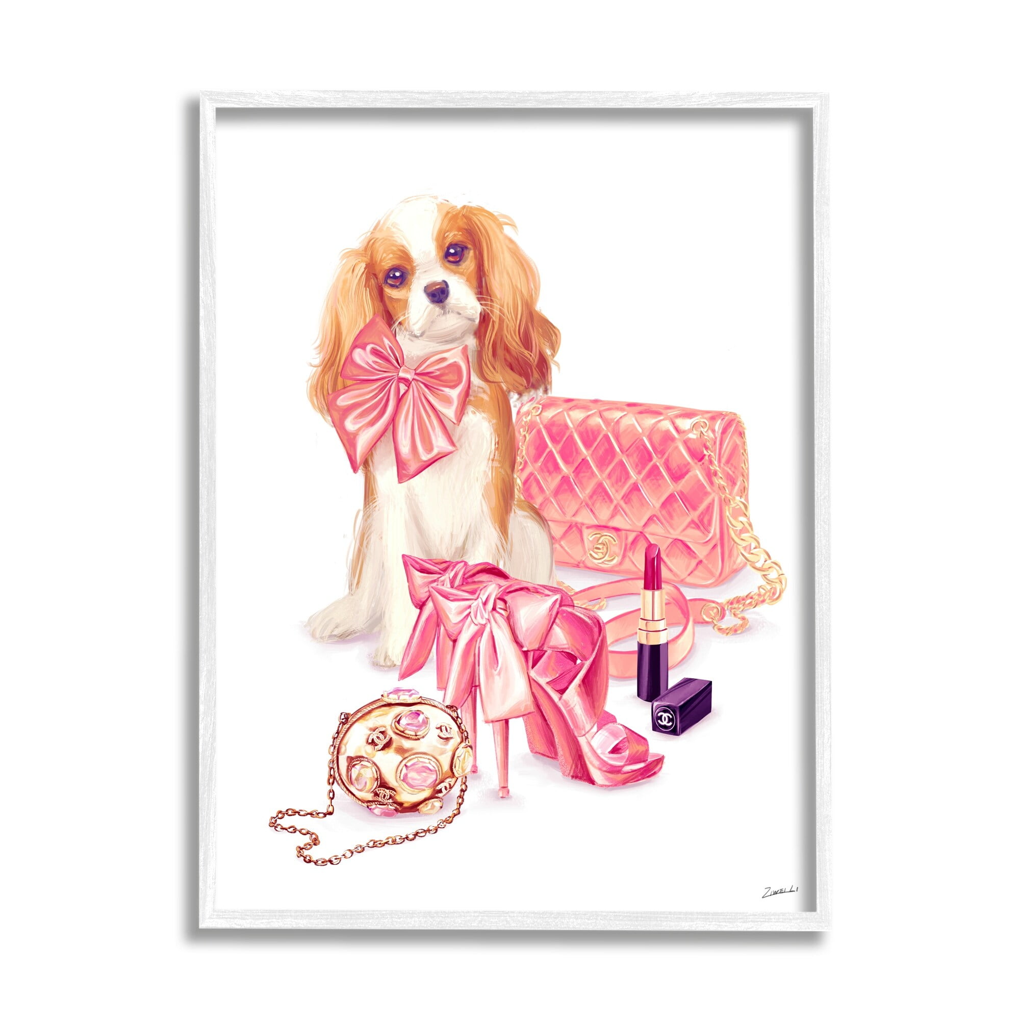 Stupell Industries Upscale Dog Pink Bow Fashion Accessories Makeup Framed Wall Art, 11 x 14, Design by Ziwei Li