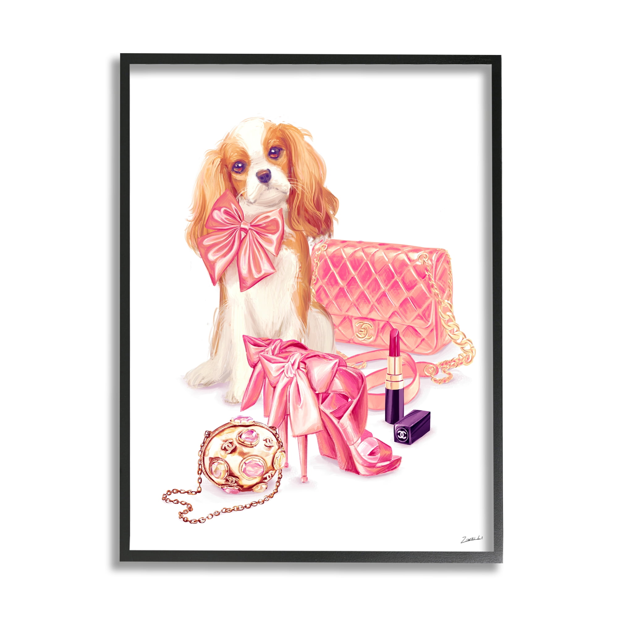 Stupell Industries Upscale Dog Pink Bow Fashion Accessories Makeup Framed Wall Art, 16 x 20, Design by Ziwei Li