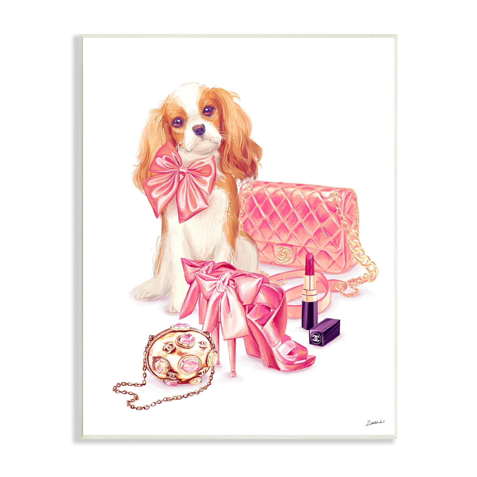 Stupell Industries Upscale Dog Pink Bow Fashion Accessories Makeup Wood Wall Art, 13 x 19, Design by Ziwei Li