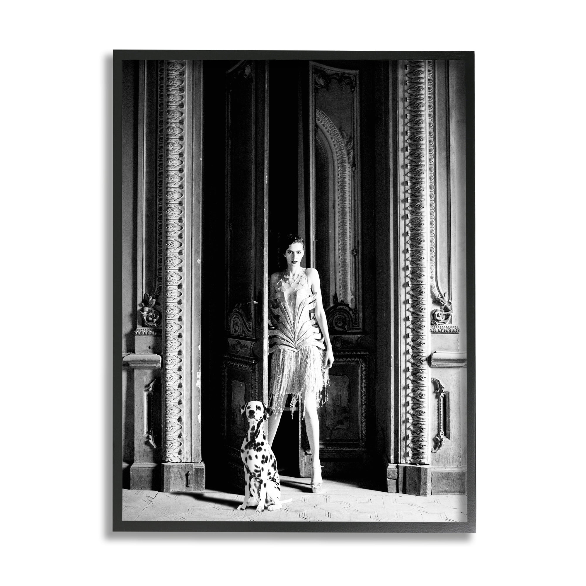 Stupell Industries Upscale Fashion Woman Dalmatian Dog Ornate Building Photograph Black Framed Art Print Wall Art, Design by Leah Straatsma