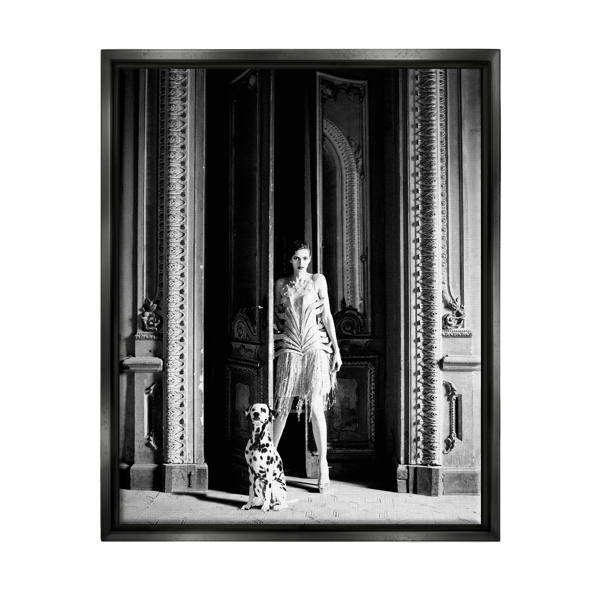 Stupell Industries Upscale Fashion Woman Dalmatian Dog Ornate Building Photograph Jet Black Floating Framed Canvas Print Wall Art, Design by Leah Straatsma