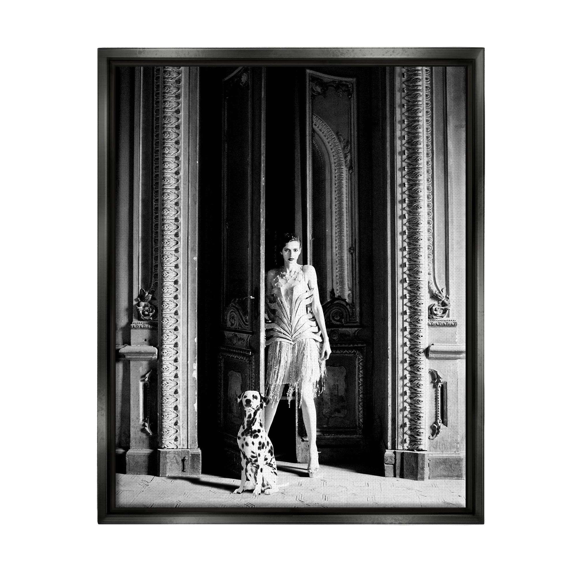Stupell Industries Upscale Fashion Woman Dalmatian Dog Ornate Building Photograph Jet Black Floating Framed Canvas Print Wall Art, Design by Leah Straatsma