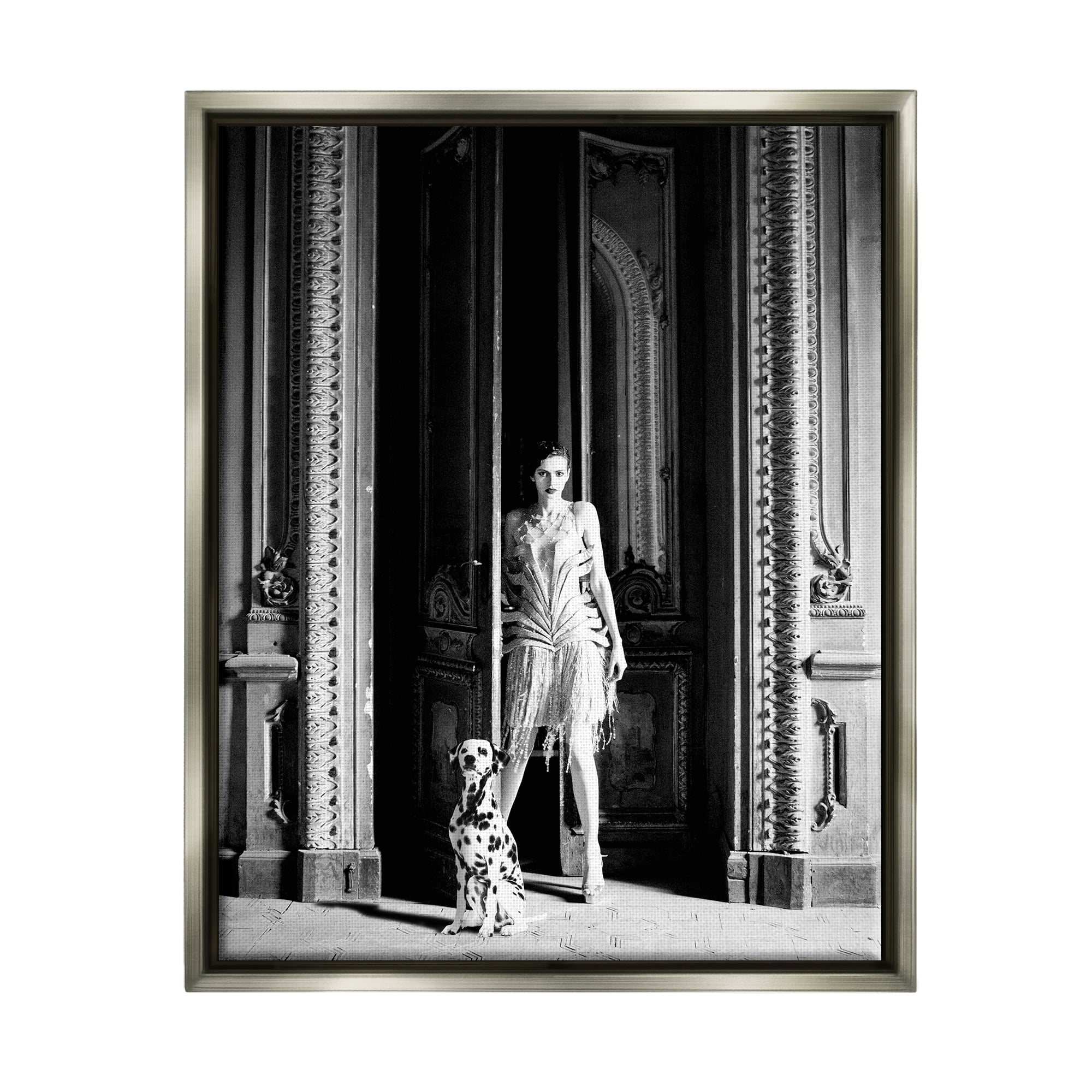 Stupell Industries Upscale Fashion Woman Dalmatian Dog Ornate Building Photograph Luster Gray Floating Framed Canvas Print Wall Art, Design by Leah Straatsma