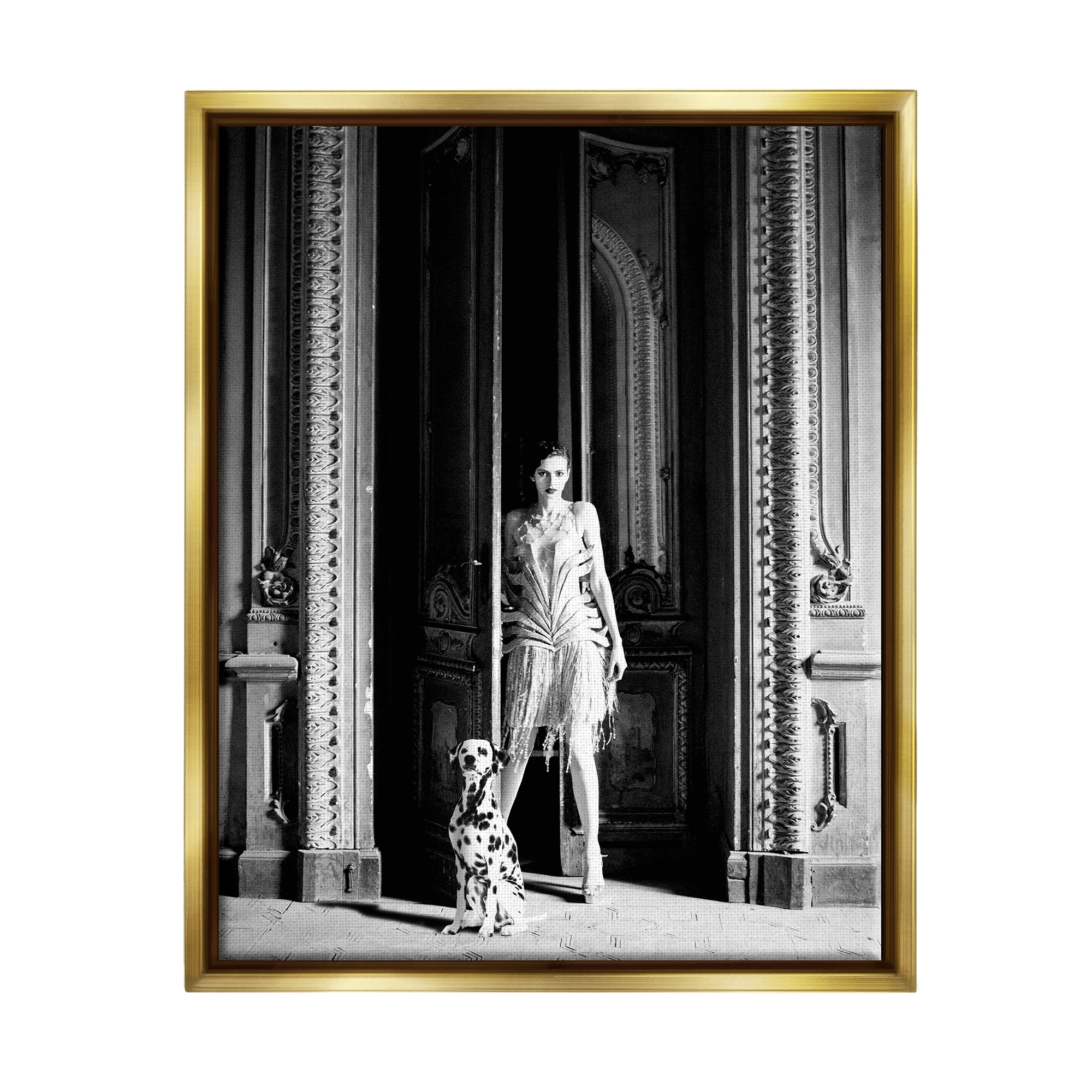 Stupell Industries Upscale Fashion Woman Dalmatian Dog Ornate Building Photograph Metallic Gold Floating Framed Canvas Print Wall Art, Design by Leah Straatsma