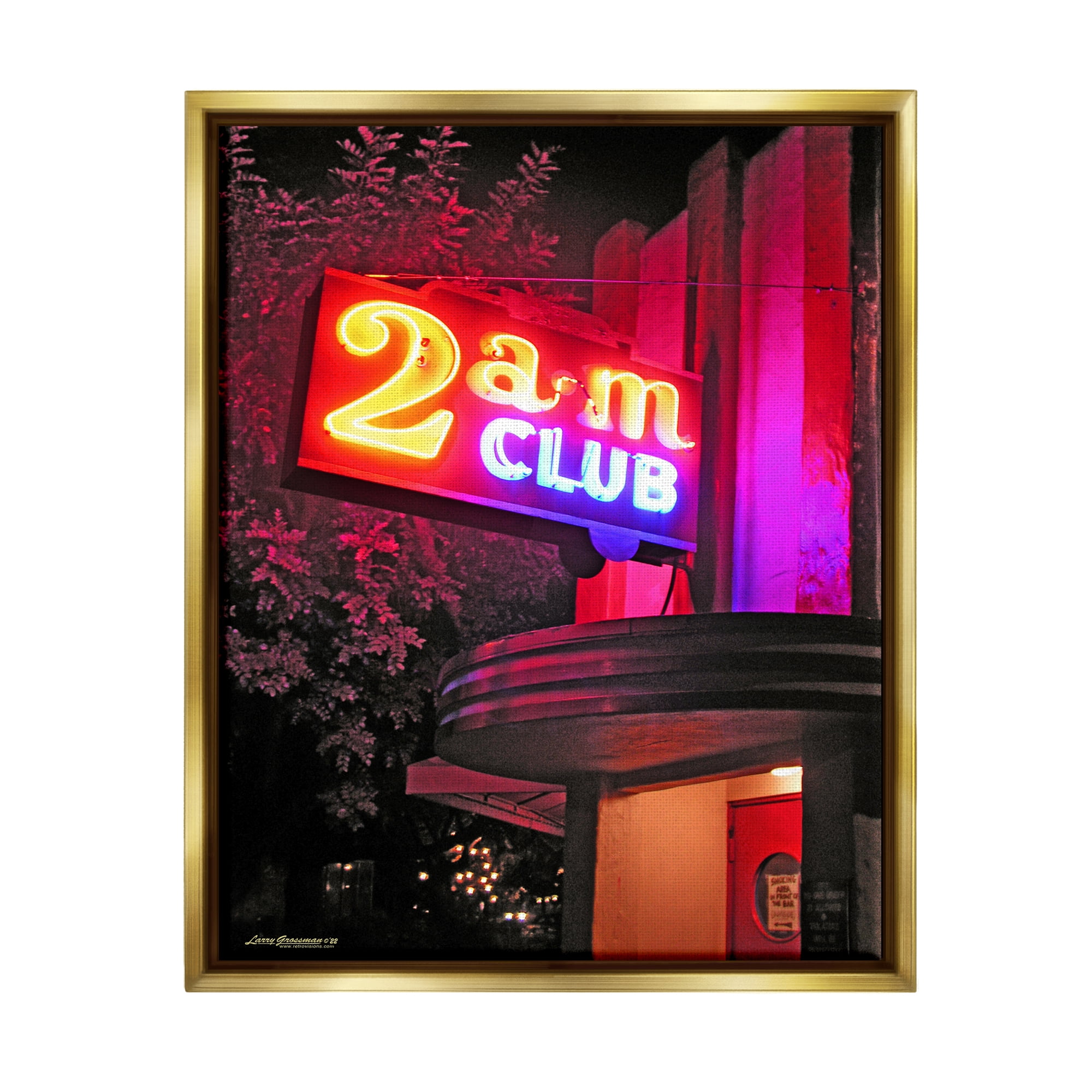Stupell Industries Urban 2am Club Sign Travel & Places Photography Gold Floater Framed Canvas Art Print Wall Art, 25 x 31