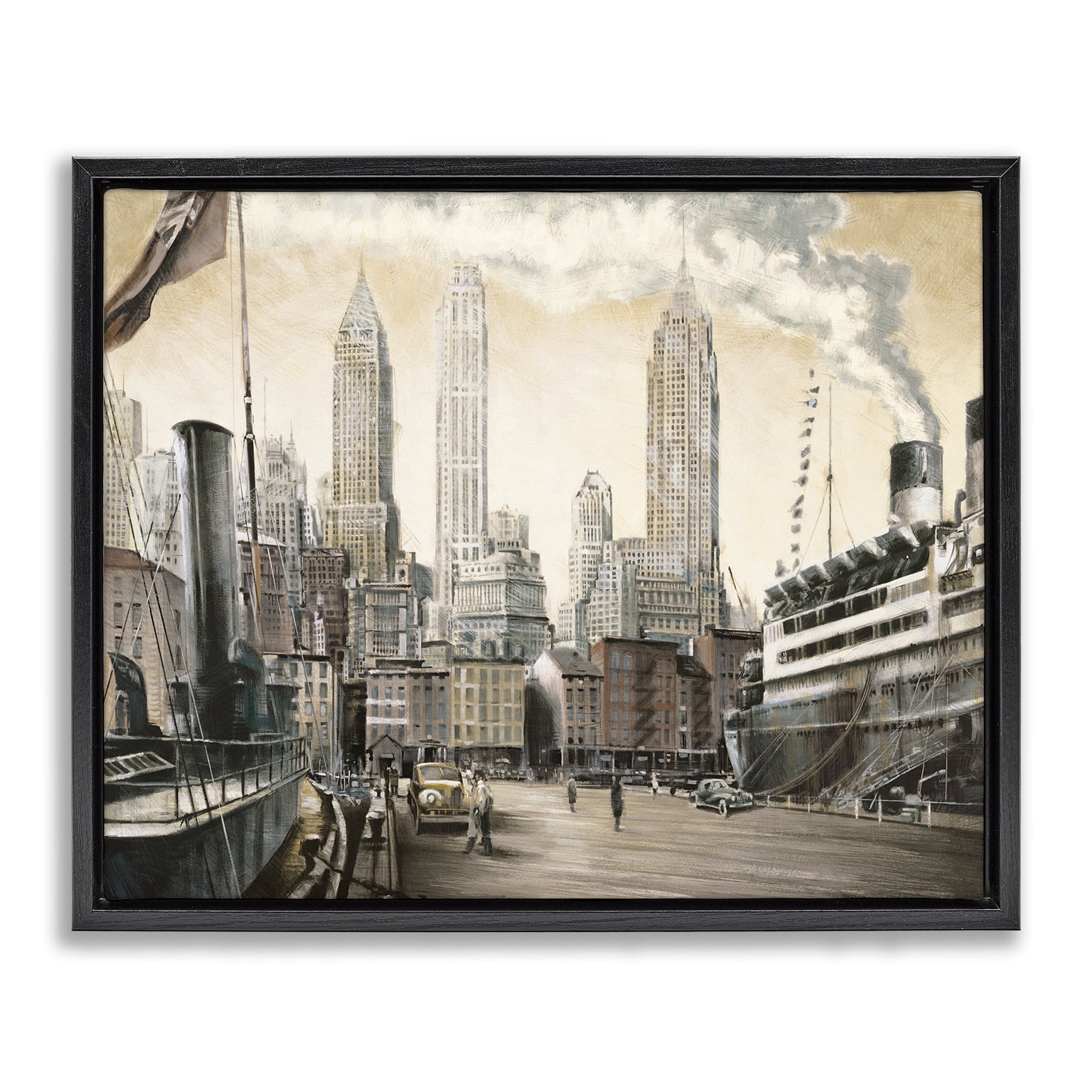 Stupell Industries Urban Boat Harbour Scenery Painting Black Floater Framed Art Print Wall Art, 21 x 17