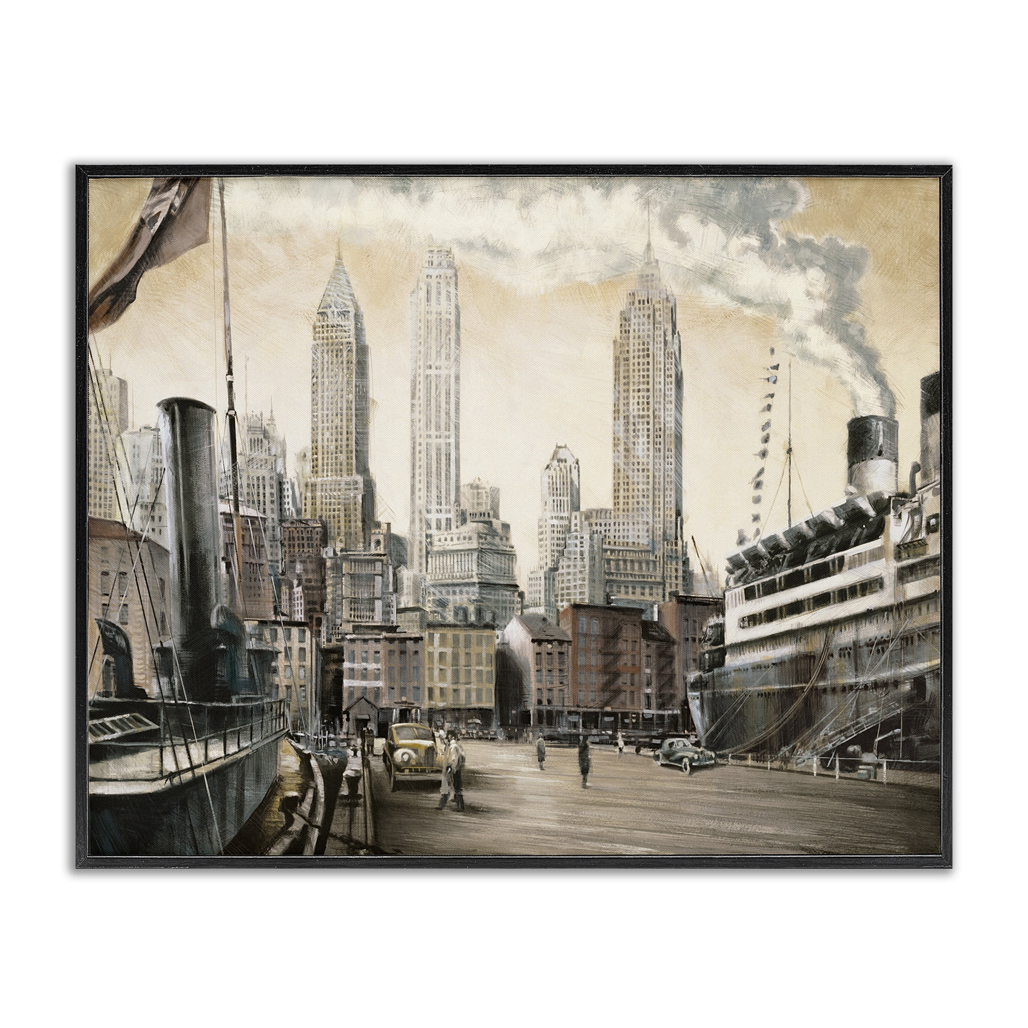 Stupell Industries Urban Boat Harbour Scenery Painting Black Framed Art Print Wall Art, 30 x 24