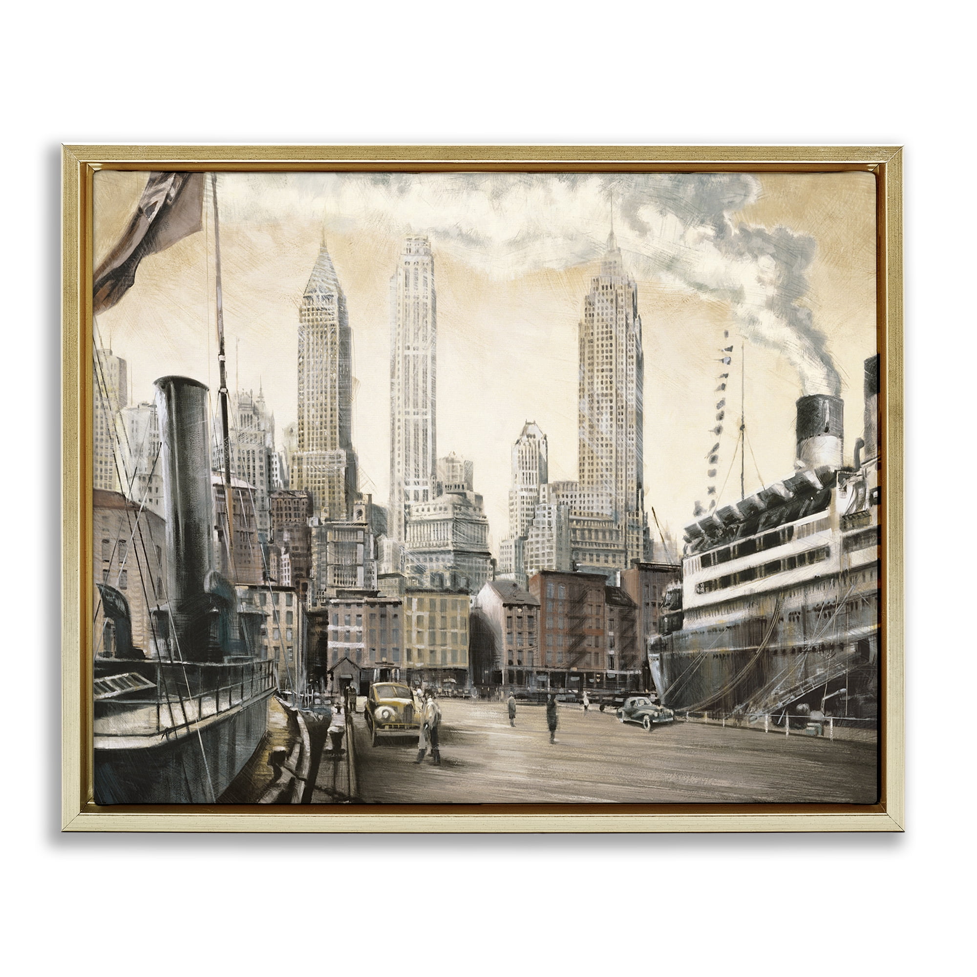 Stupell Industries Urban Boat Harbour Scenery Painting Gold Floater Framed Art Print Wall Art, 21 x 17