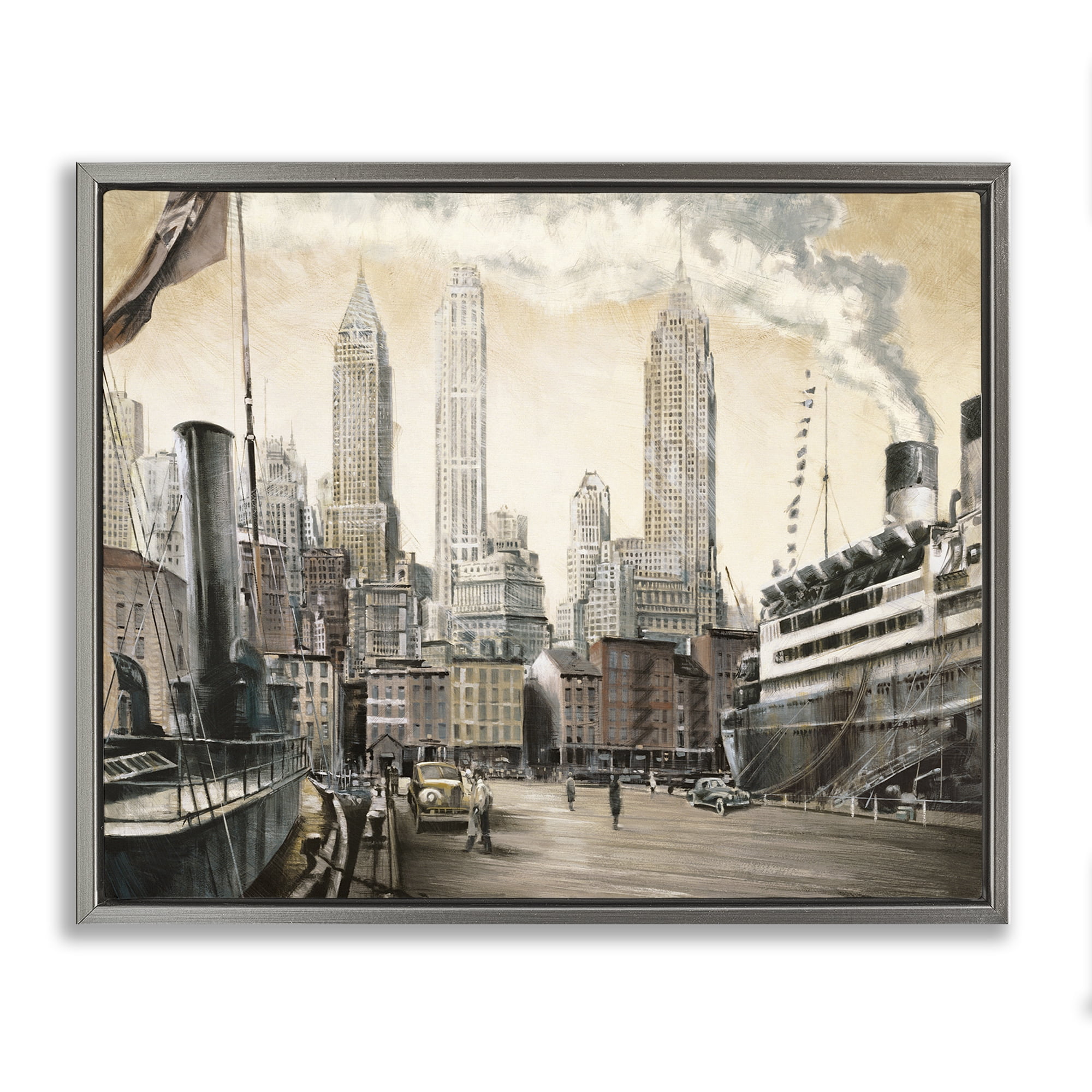 Stupell Industries Urban Boat Harbour Scenery Painting Gray Floater Framed Art Print Wall Art, 31 x 25