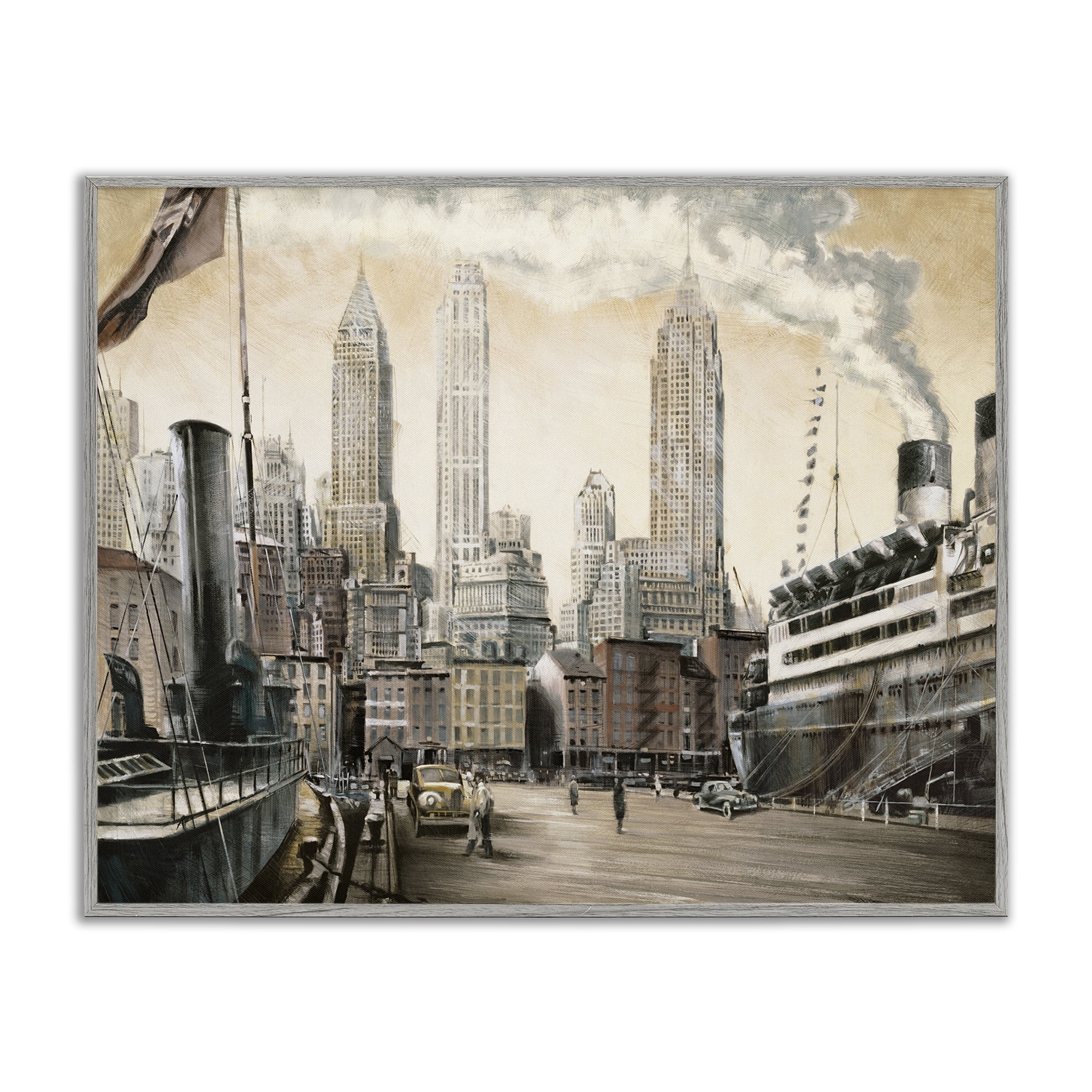 Stupell Industries Urban Boat Harbour Scenery Painting Gray Framed Art Print Wall Art, 14 x 11