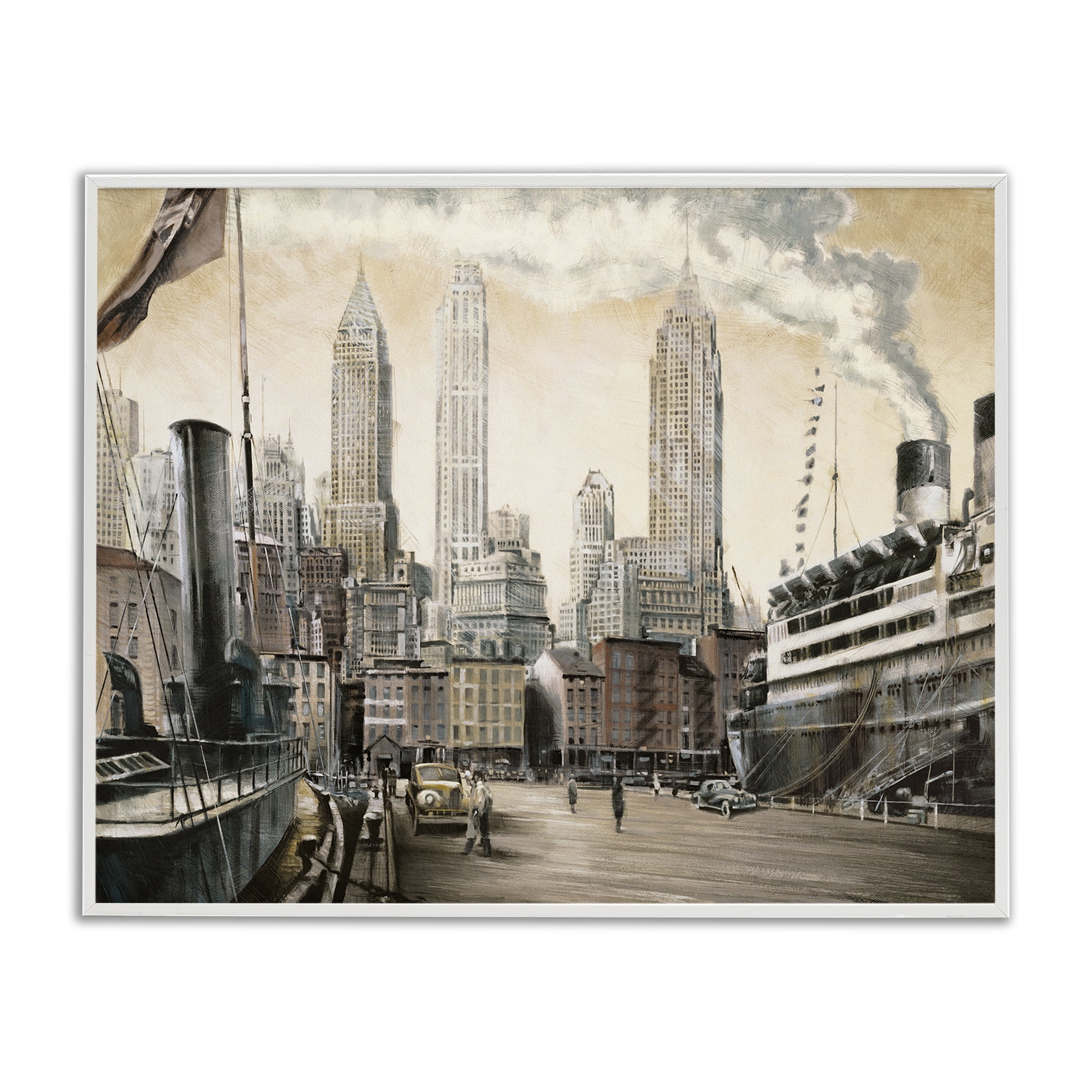 Stupell Industries Urban Boat Harbour Scenery Painting White Framed Art Print Wall Art, 20 x 16