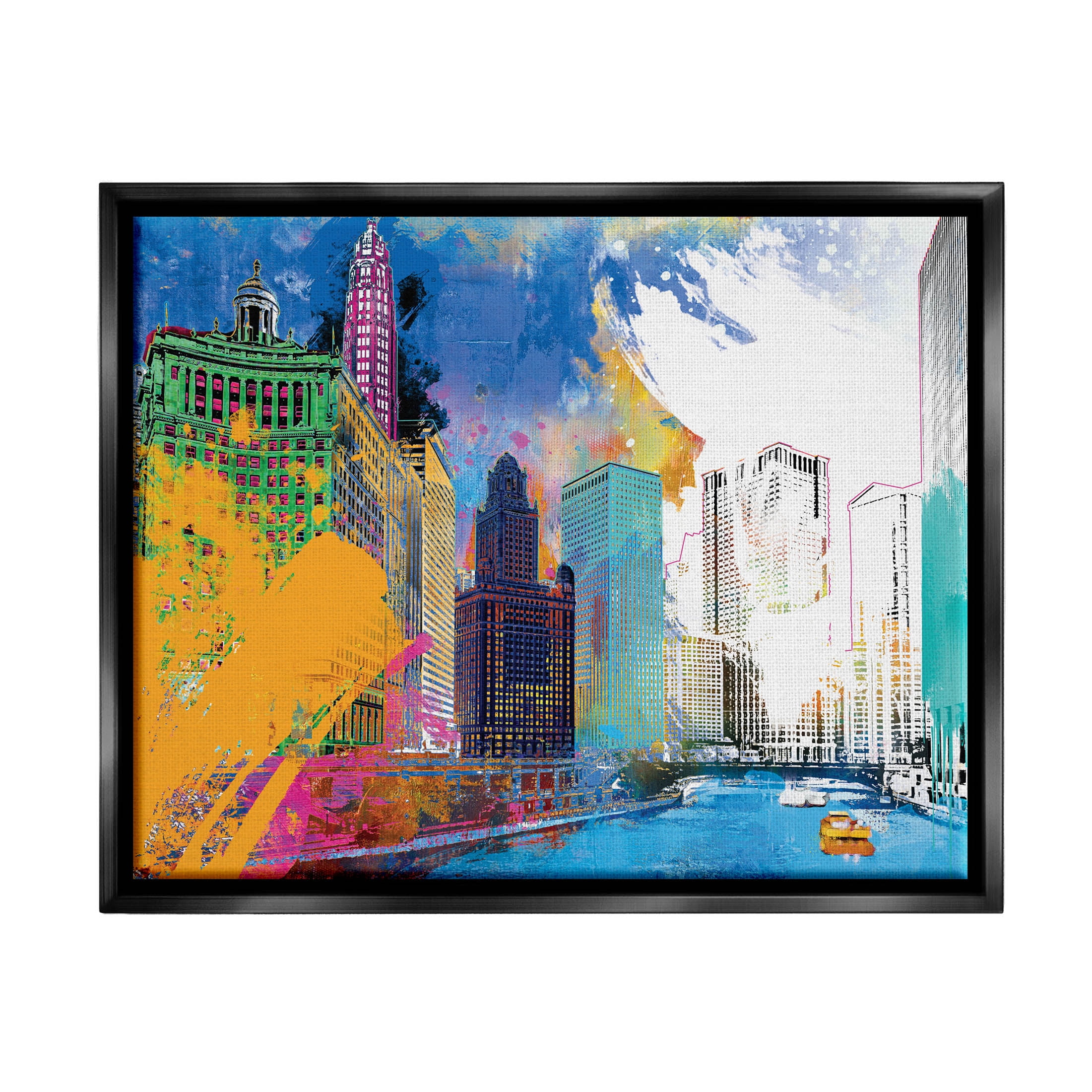 Urban City Buildings Collage Graphic Art in Jet Black Frame