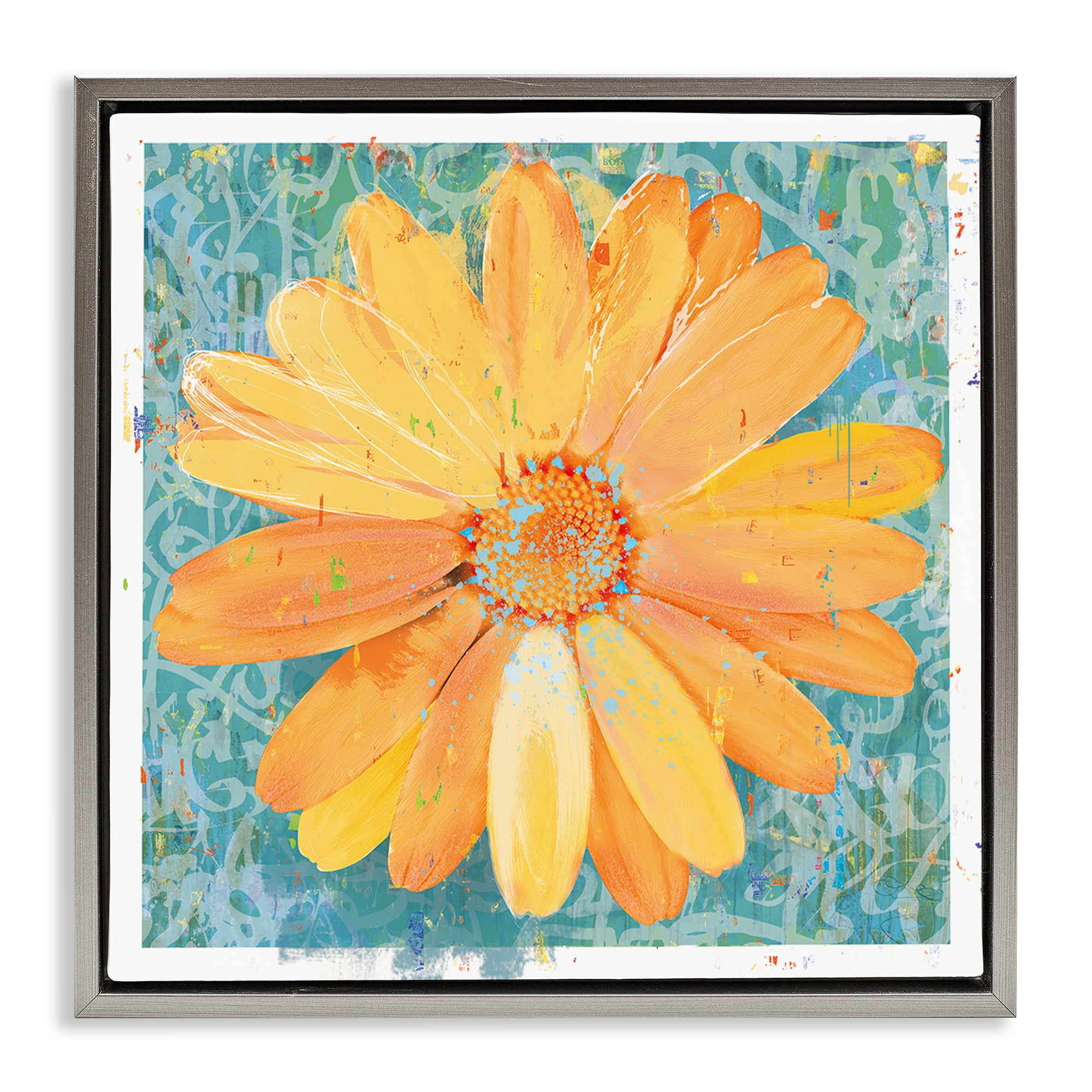 Stupell Industries Urban Daisy over Graffiti Gray Framed Floater Canvas Wall Art, design by Porter Hastings