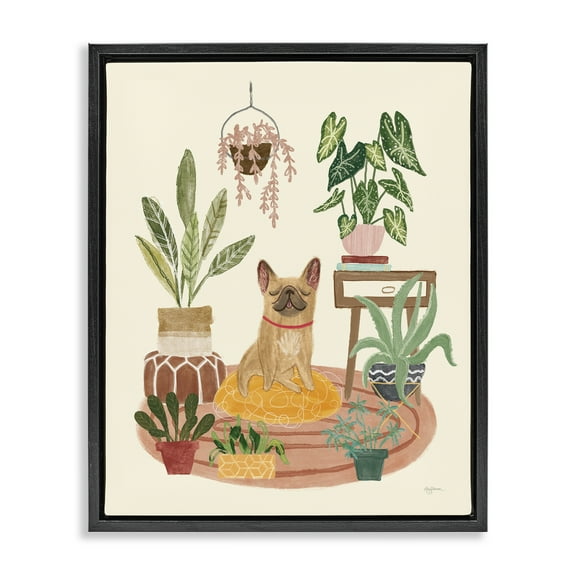 Stupell Industries Urban Dog with Plants Animals & Insects Painting Black Floater Framed Canvas Art Print Wall Art, 17 x 21