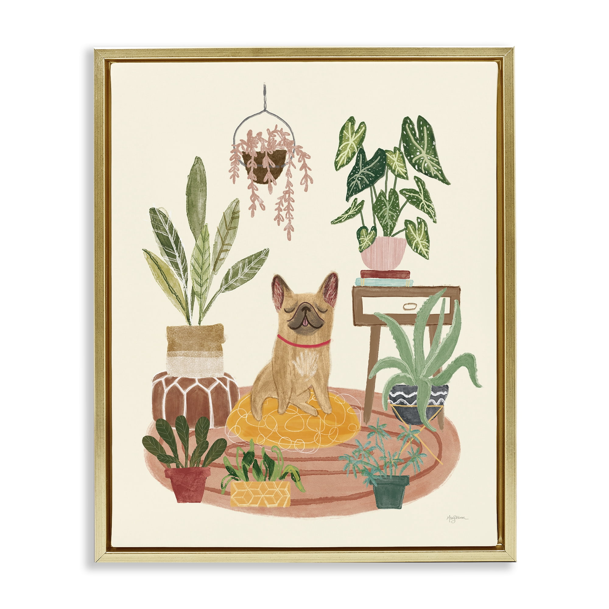 Stupell Industries Urban Dog with Plants Animals & Insects Painting Gold Floater Framed Canvas Art Print Wall Art, 17 x 21