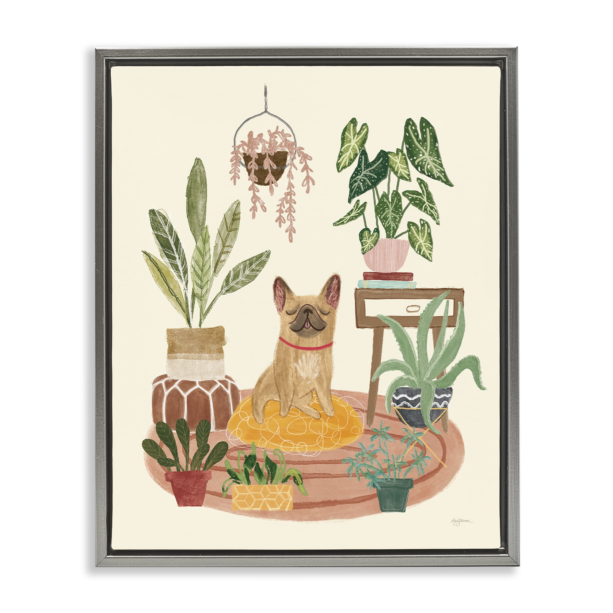 Stupell Industries Urban Dog with Plants Animals & Insects Painting Gray Floater Framed Canvas Art Print Wall Art, 25 x 31