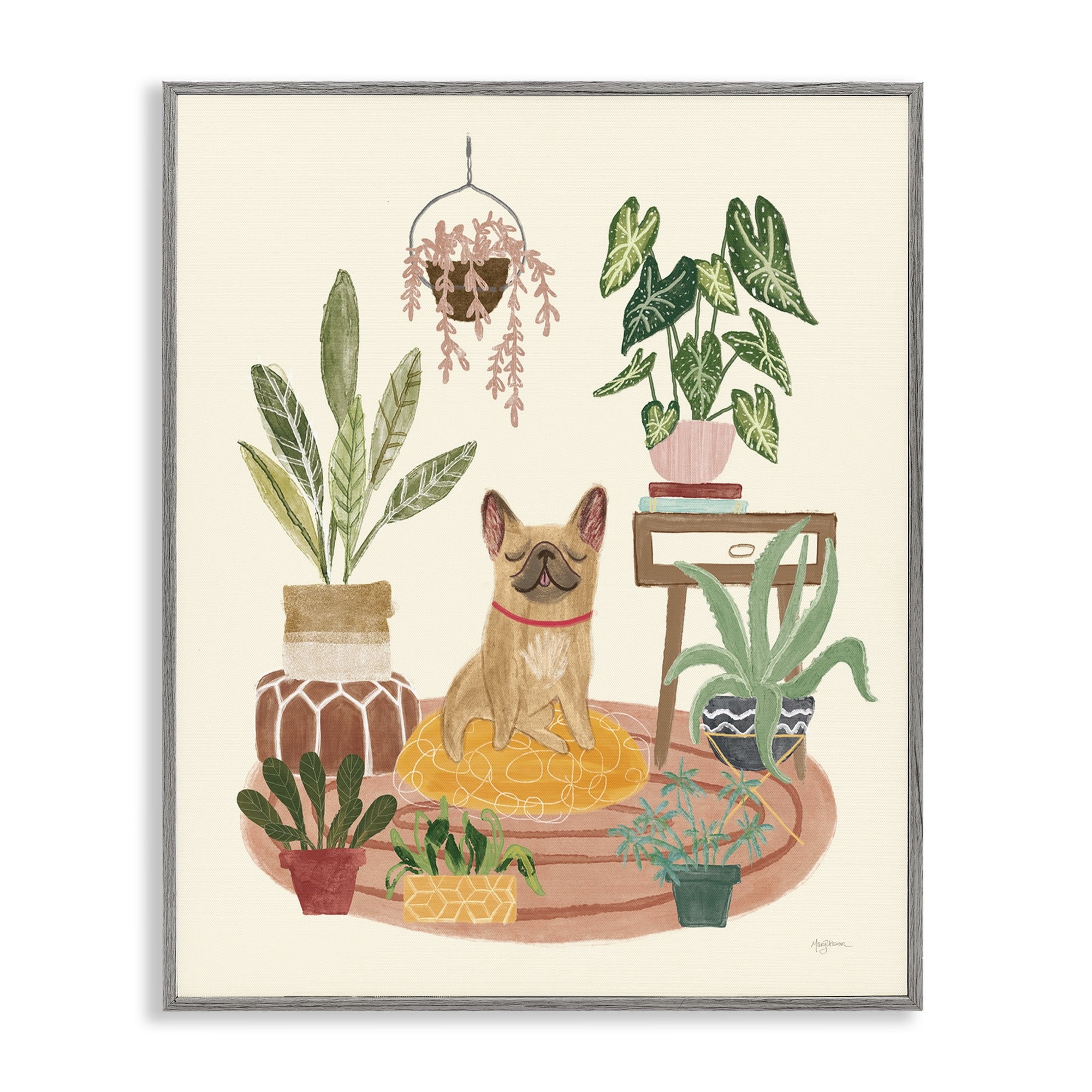 Stupell Industries Urban Dog with Plants Animals & Insects Painting Gray Framed Art Print Wall Art, 16 x 20