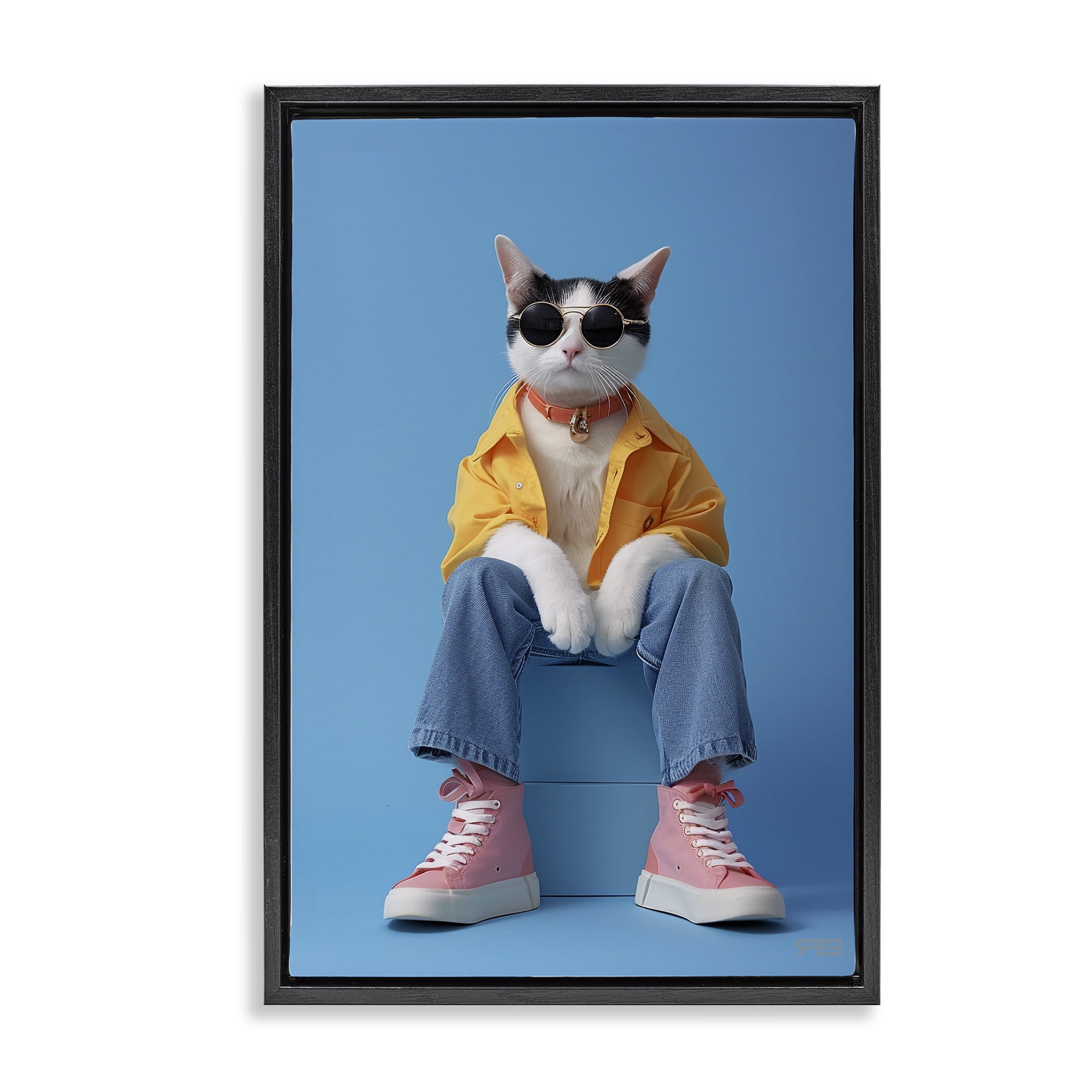 Stupell Industries Urban Fashion Cat Animals & Insects Painting Black Floater Framed Canvas Art Print Wall Art, 17 x 25