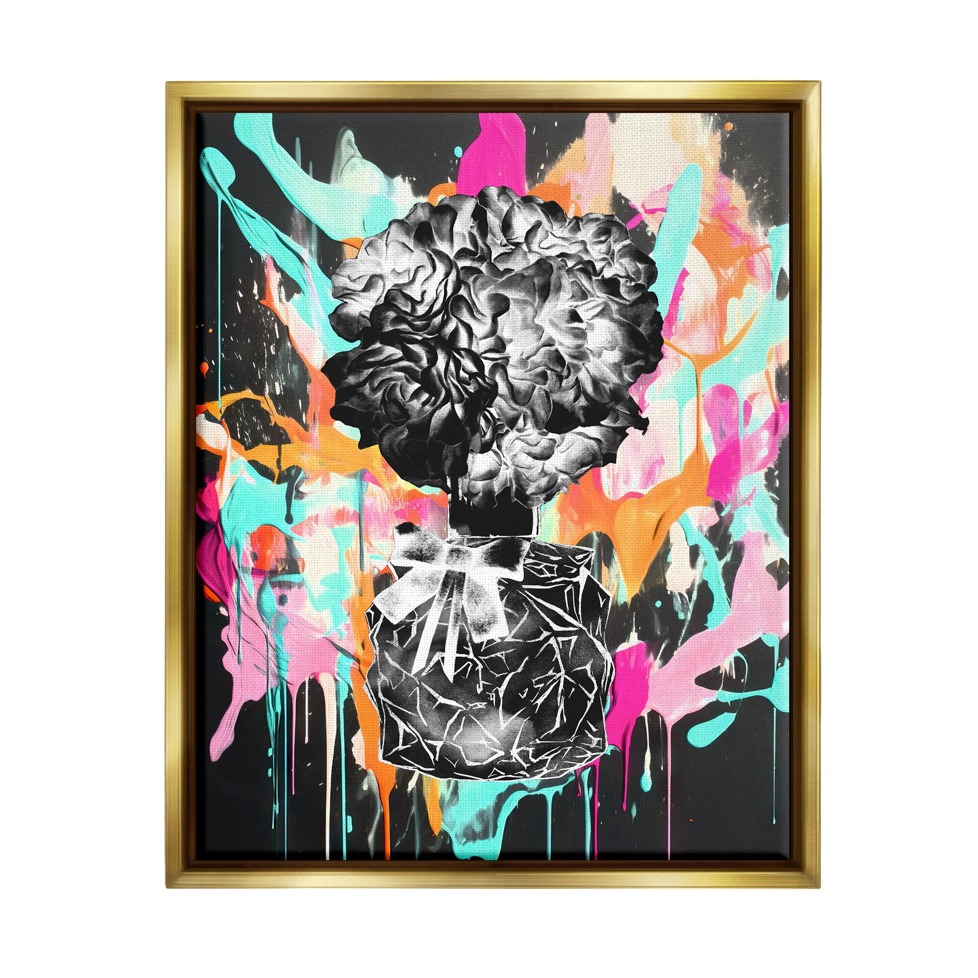 Stupell Industries Urban Flowers Graffiti Abstract Painting Gold Floater Framed Art Print Wall Art, 25 x 31