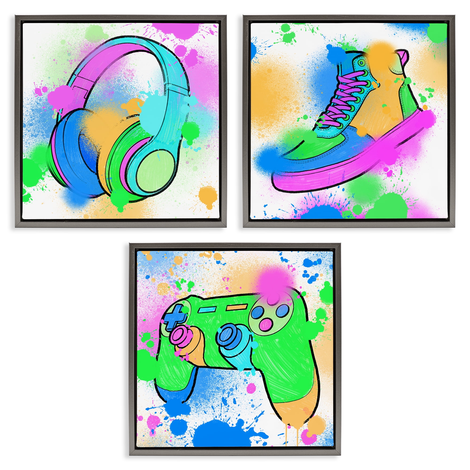 Stupell Industries Urban Gaming & Sneakers Entertainment Painting Gray Floater Framed Canvas Art Print Wall Art, 25 x 25, Set of 3