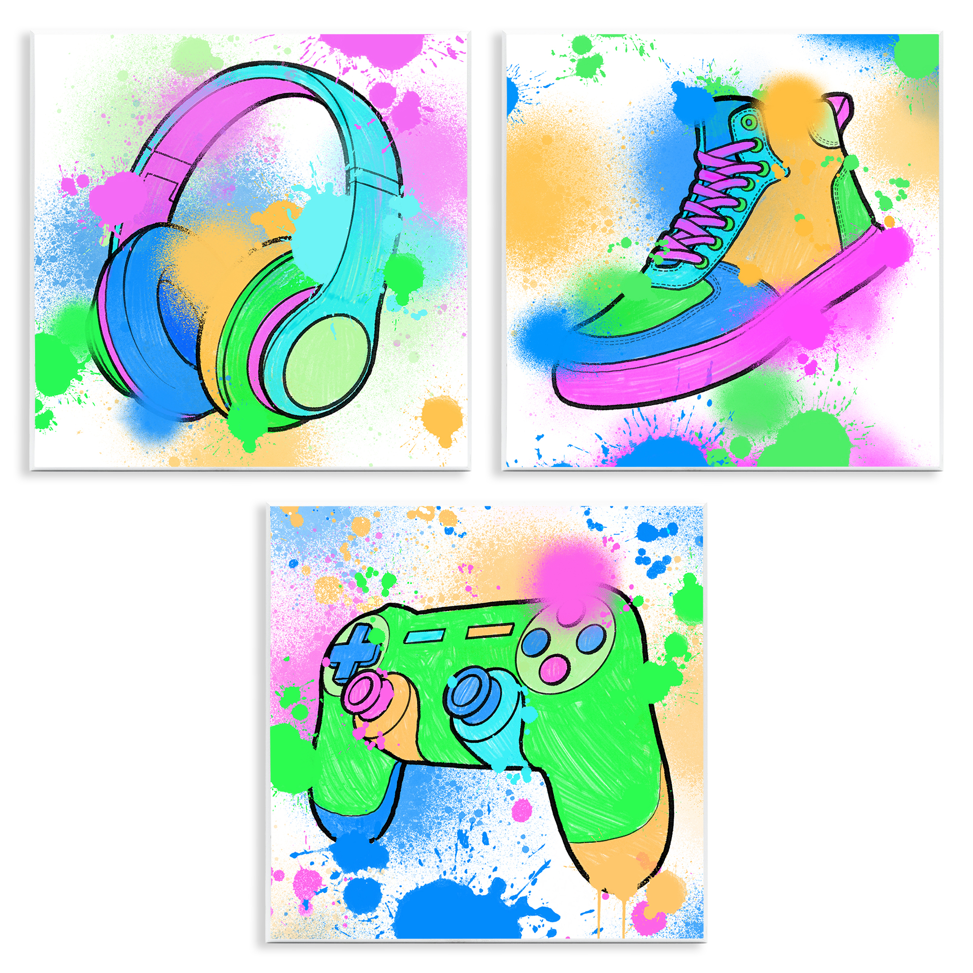 Stupell Industries Urban Gaming & Sneakers Entertainment Painting Unframed Art Print Wall Art, 12 x 12, Set of 3