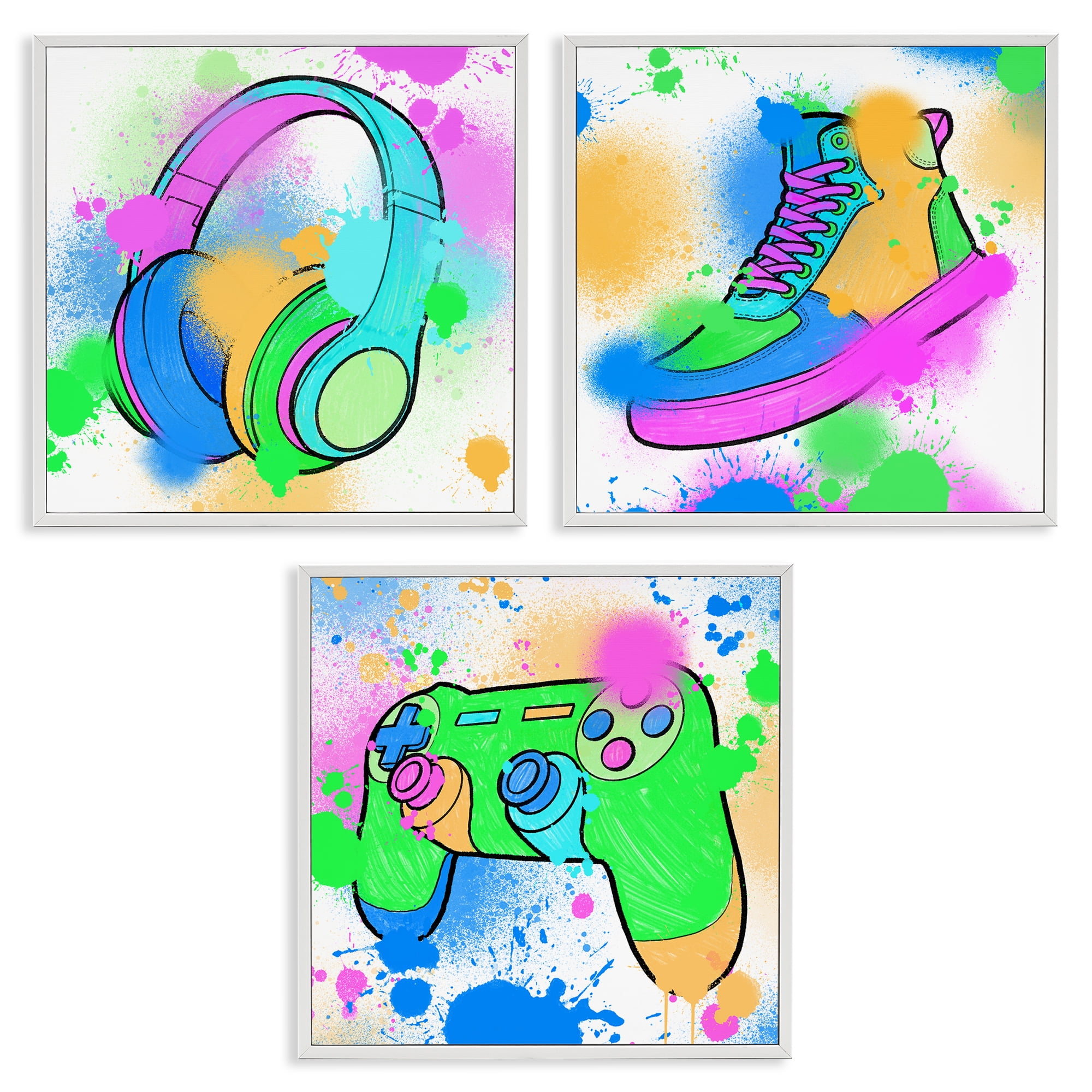 Stupell Industries Urban Gaming & Sneakers Entertainment Painting White Framed Art Print Wall Art, 12 x 12, Set of 3