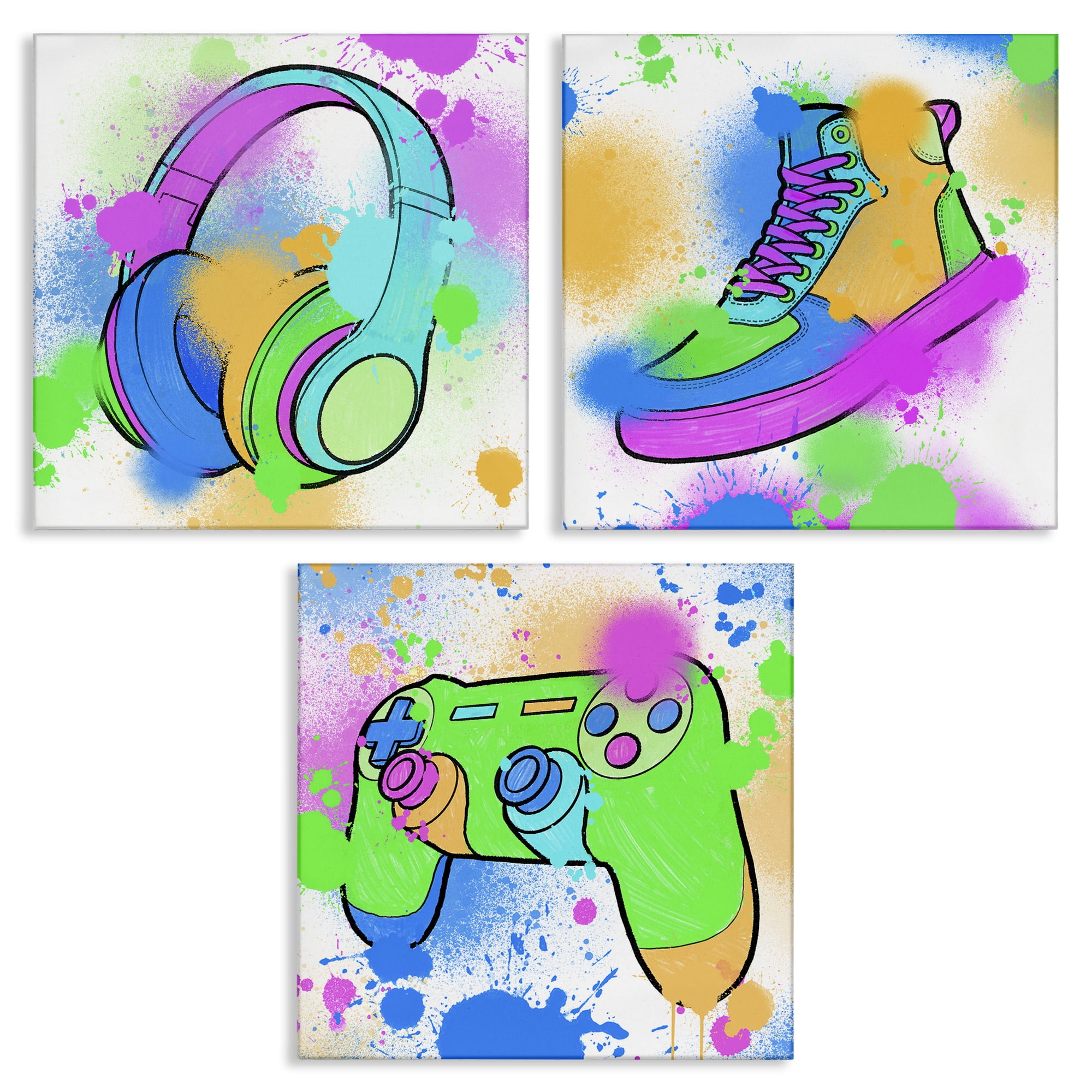 Stupell Industries Urban Gaming & Sneakers Entertainment Painting Wrapped Canvas Art Print Wall Art, 17 x 17, Set of 3