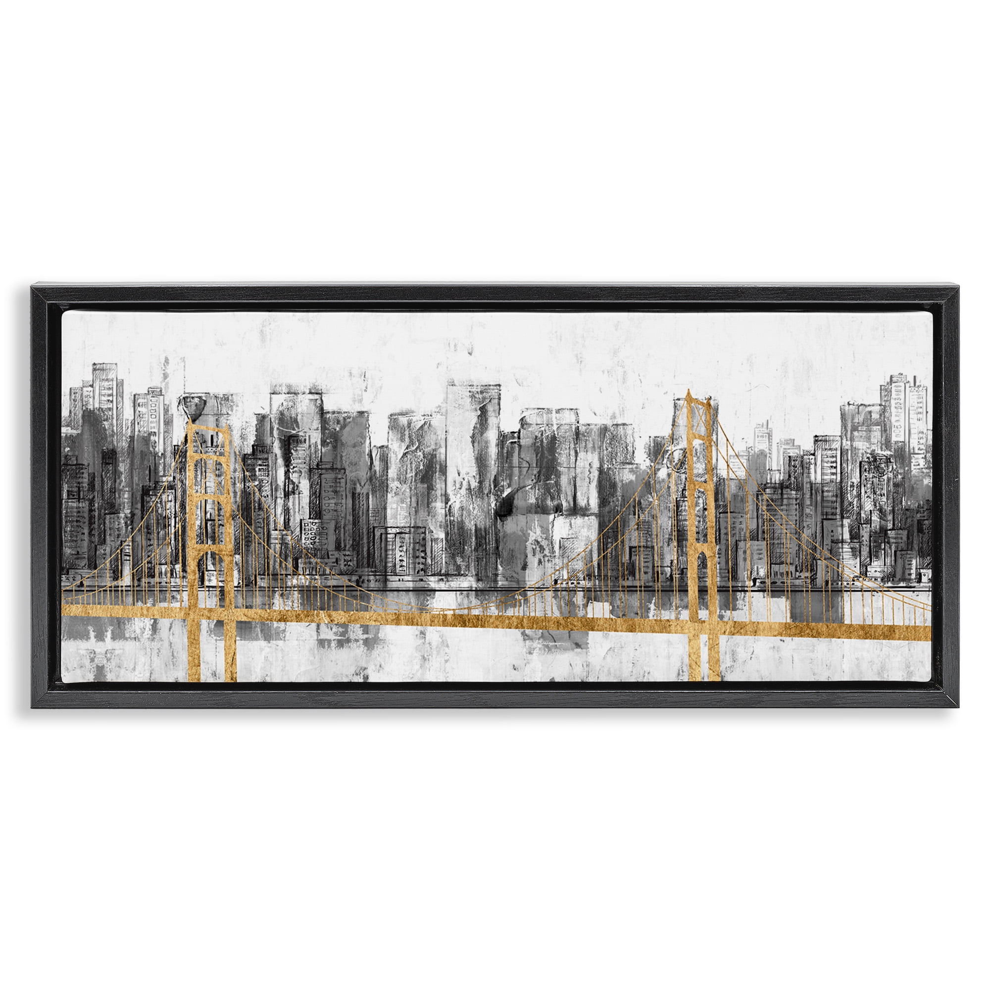Stupell Industries Urban Golden Bridge Cityscape Abstract Painting Black Floater Framed Canvas Art Print Wall Art, 31 x 14